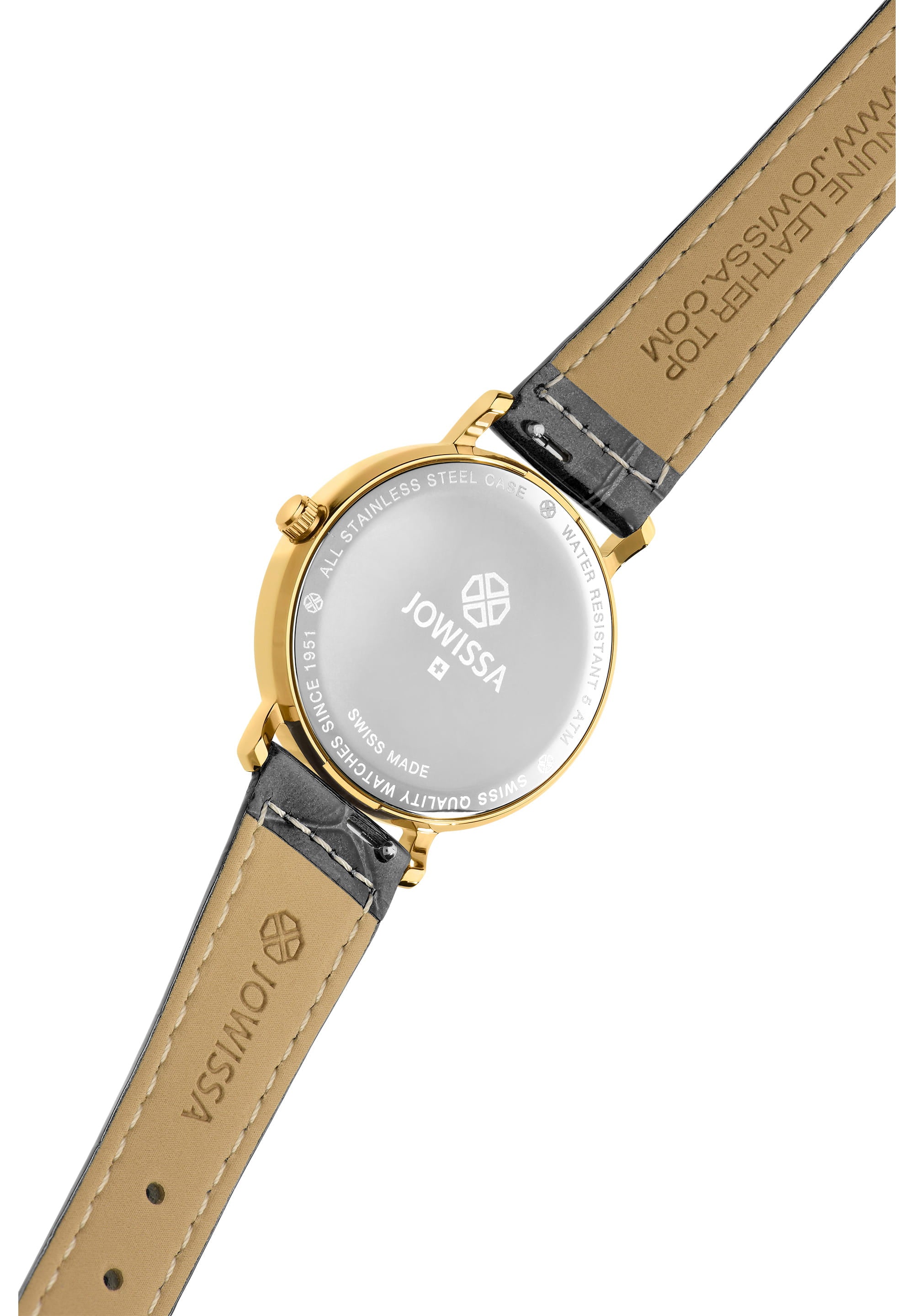 Roma Swiss Ladies Watch J2.283.M featuring a grey-black leather band, white dial with gold-tone Roman numerals, and a stainless steel case.