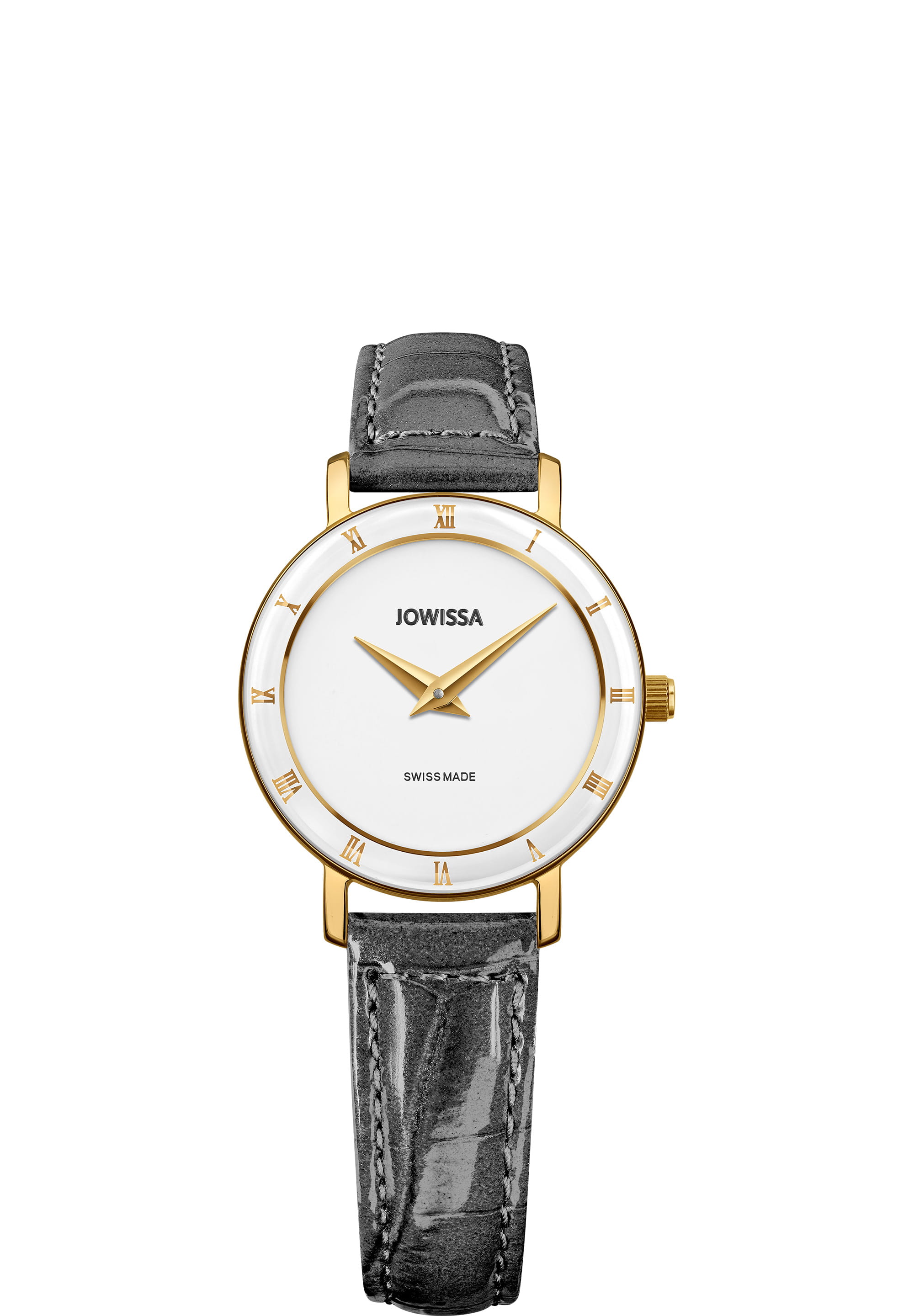 Roma Swiss Ladies Watch J2.283.S featuring a grey-black leather band, white dial, and gold-tone Roman numerals.