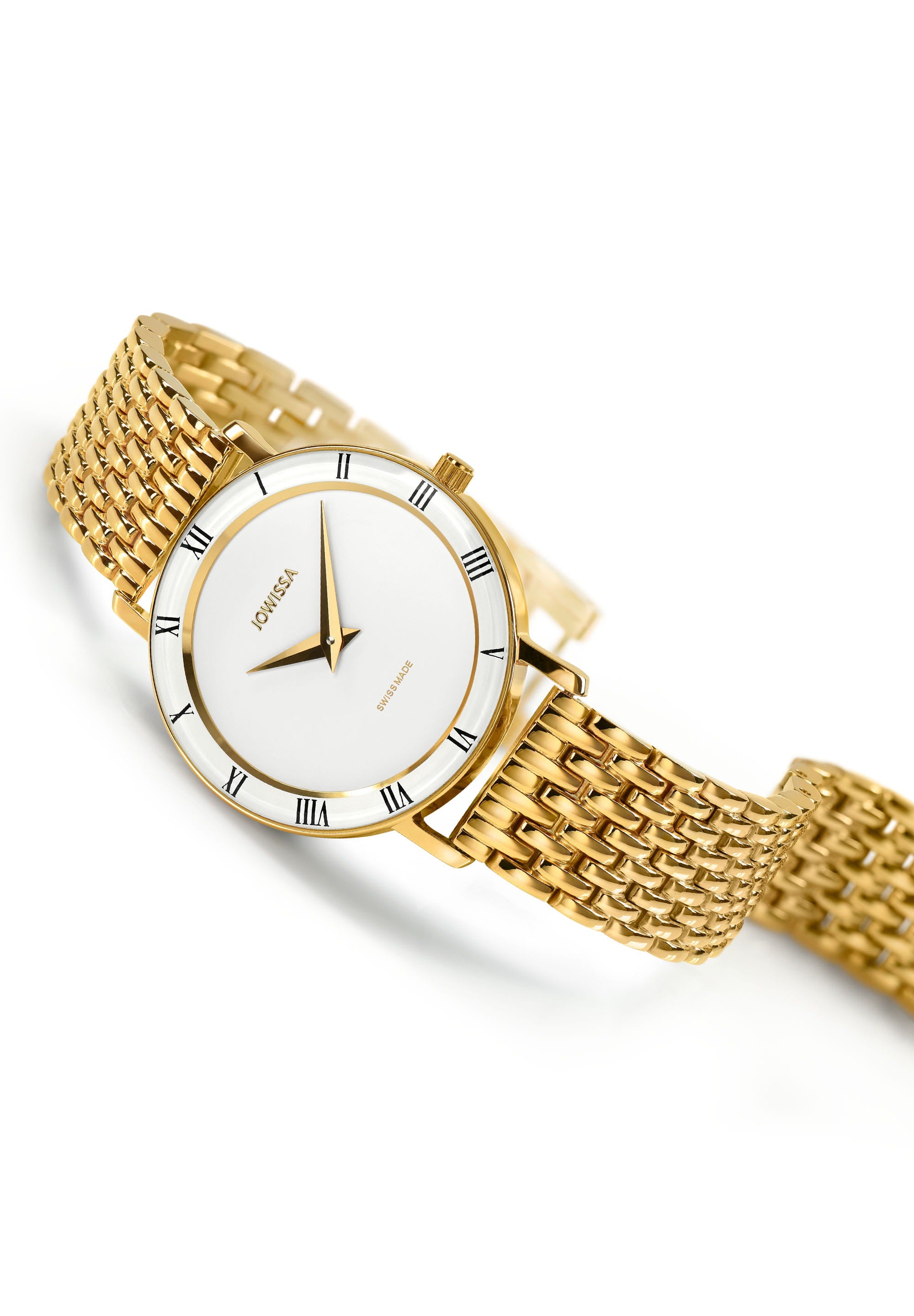 Roma Swiss Ladies Watch J2.286.M featuring a rose gold bracelet and white sunray dial with Roman numerals.