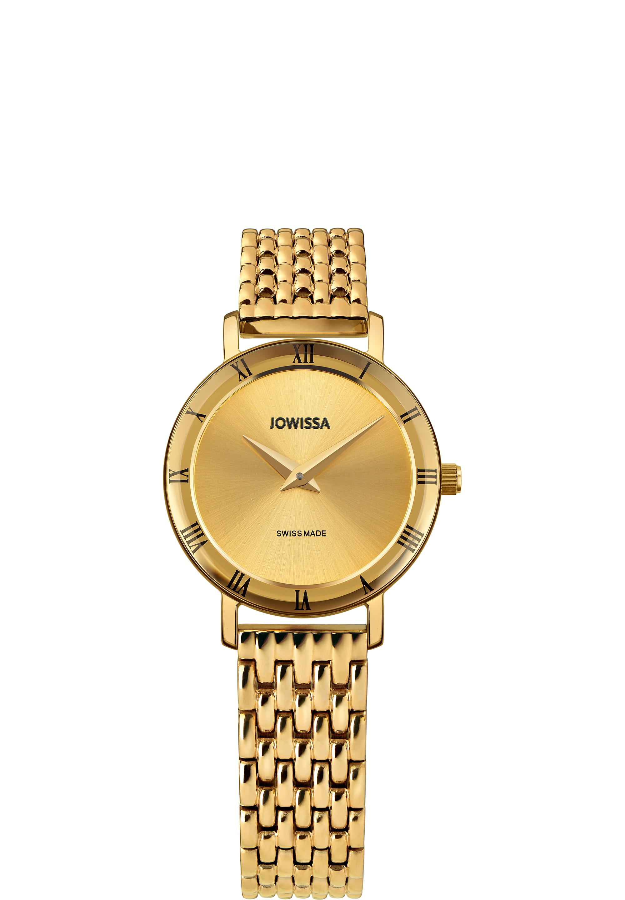 Roma Swiss Ladies Watch J2.287.S featuring a polished gold-plated bracelet and sunray dial with Roman numerals.