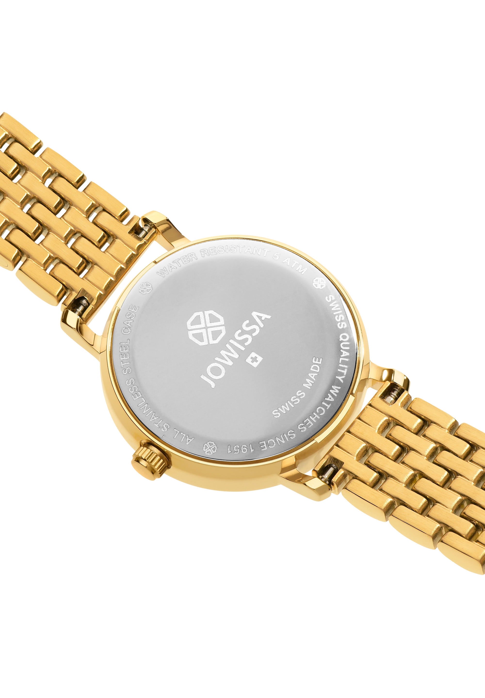 Roma Swiss Ladies Watch J2.287.S featuring a polished gold-plated bracelet and sunray dial with Roman numerals.