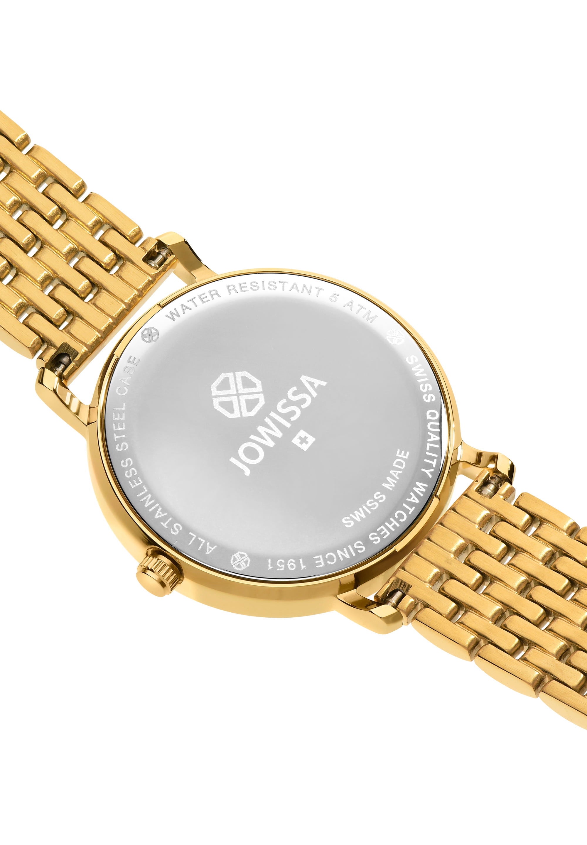 Roma Swiss Ladies Watch J2.288.M featuring a black gold design, gold Roman numerals, and a stainless steel mesh band.