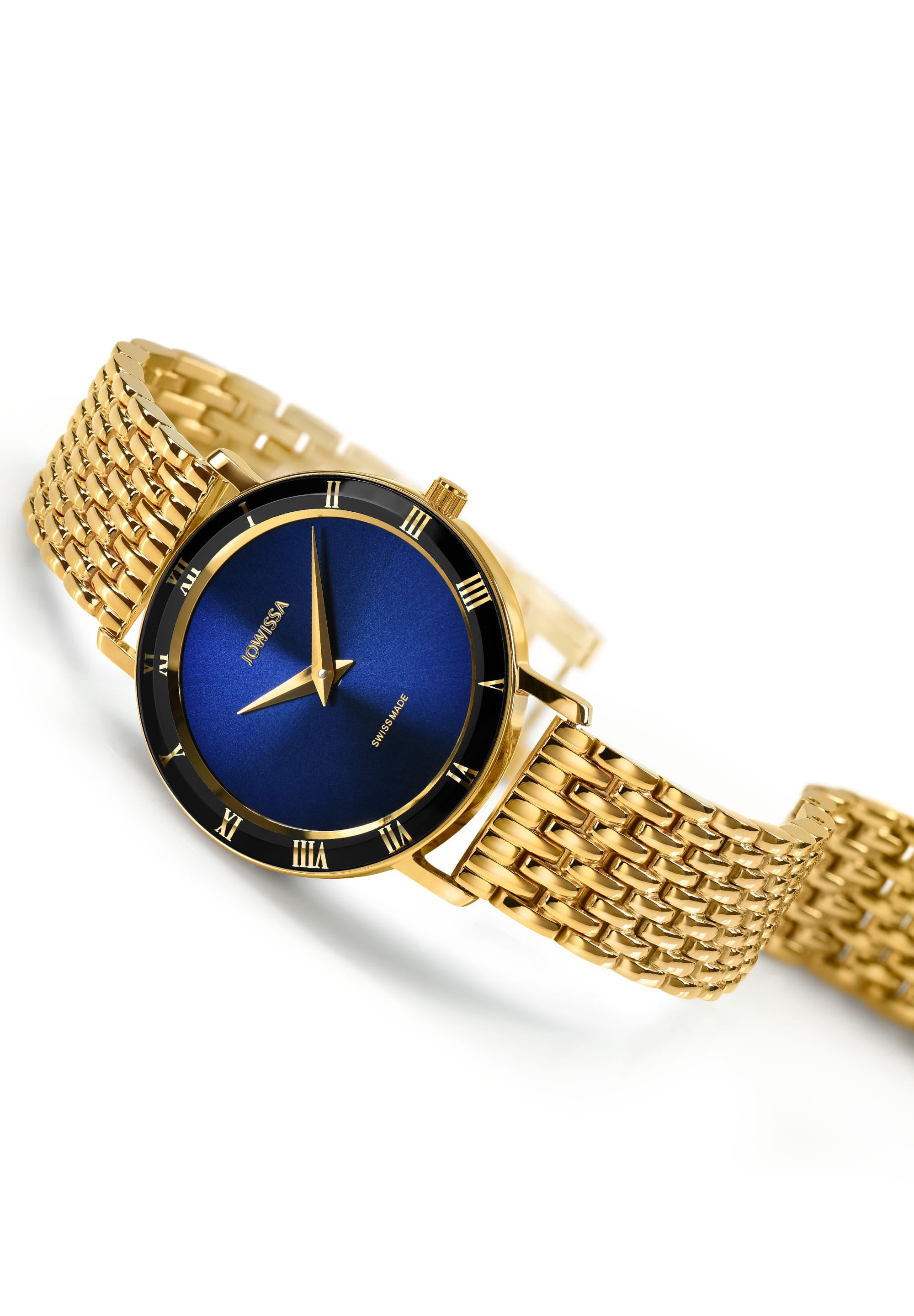 Roma Swiss Ladies Watch J2.290.M featuring a rose gold strap and royal blue sunray dial with gold Roman numerals.