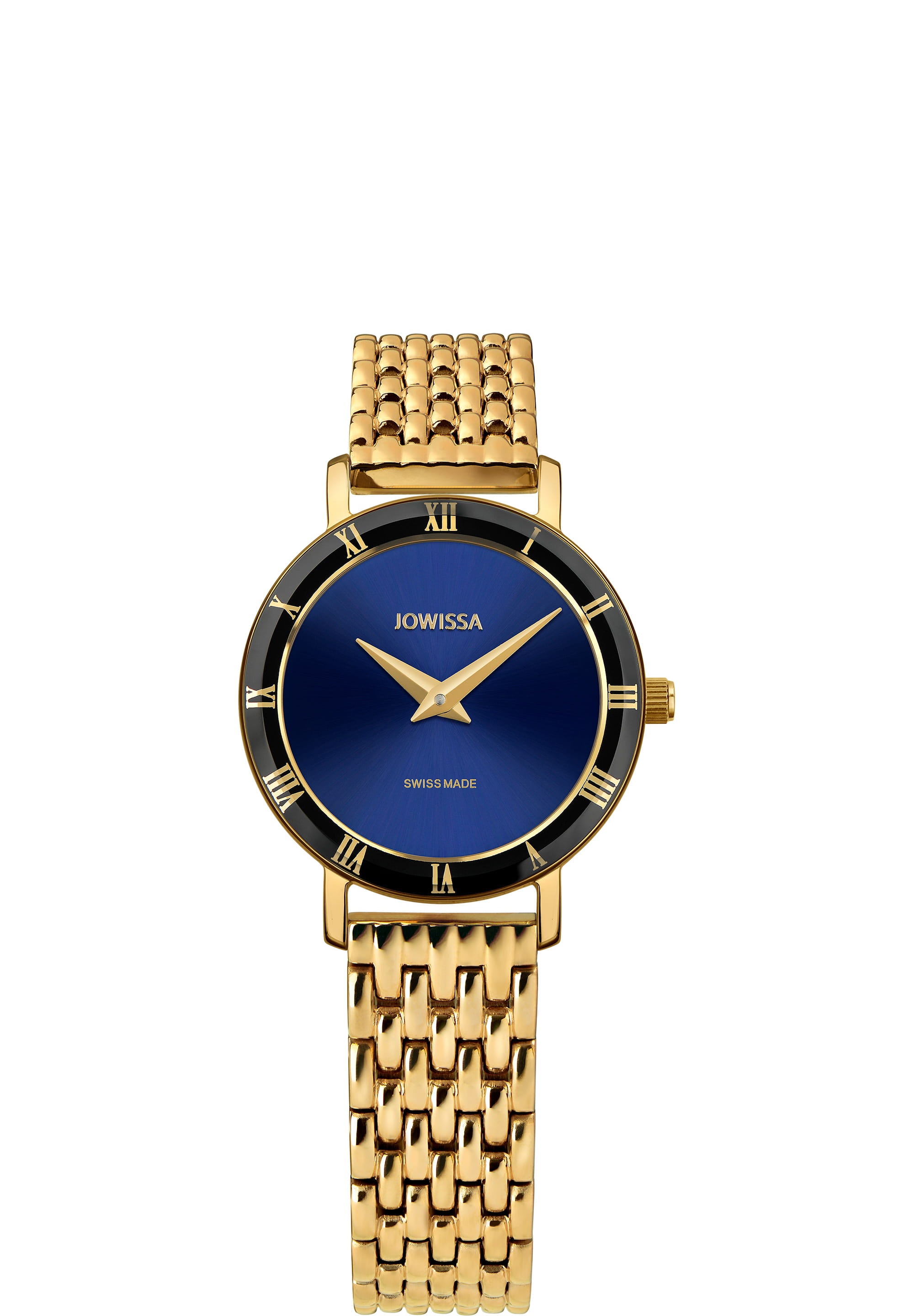 Roma Swiss Ladies Watch J2.290.S featuring a rose gold strap and royal blue sunray dial with Roman numerals.