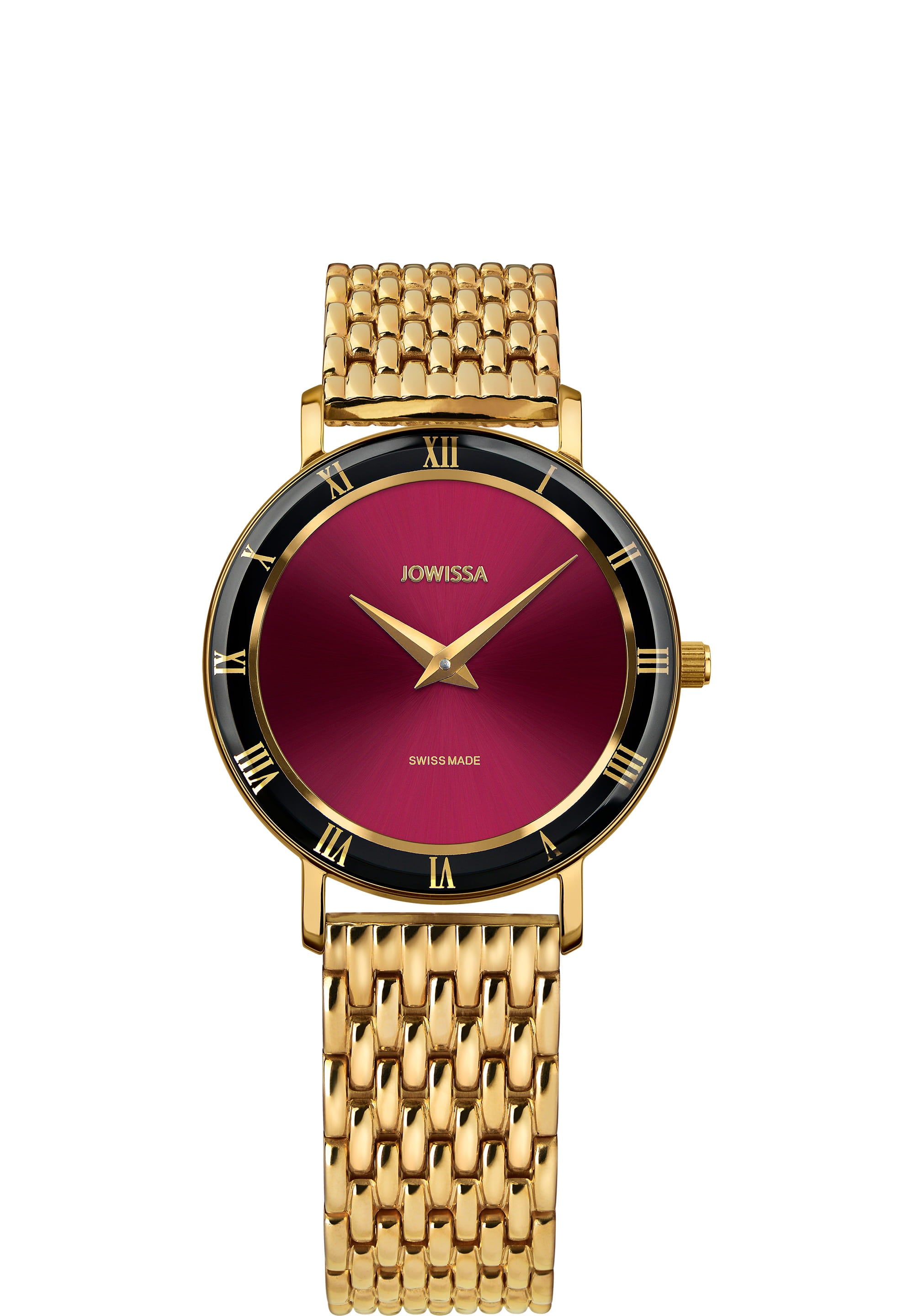 Roma Swiss Ladies Watch J2.291.M featuring a polished gold-plated strap and minimalist maroon dial with Roman numerals.