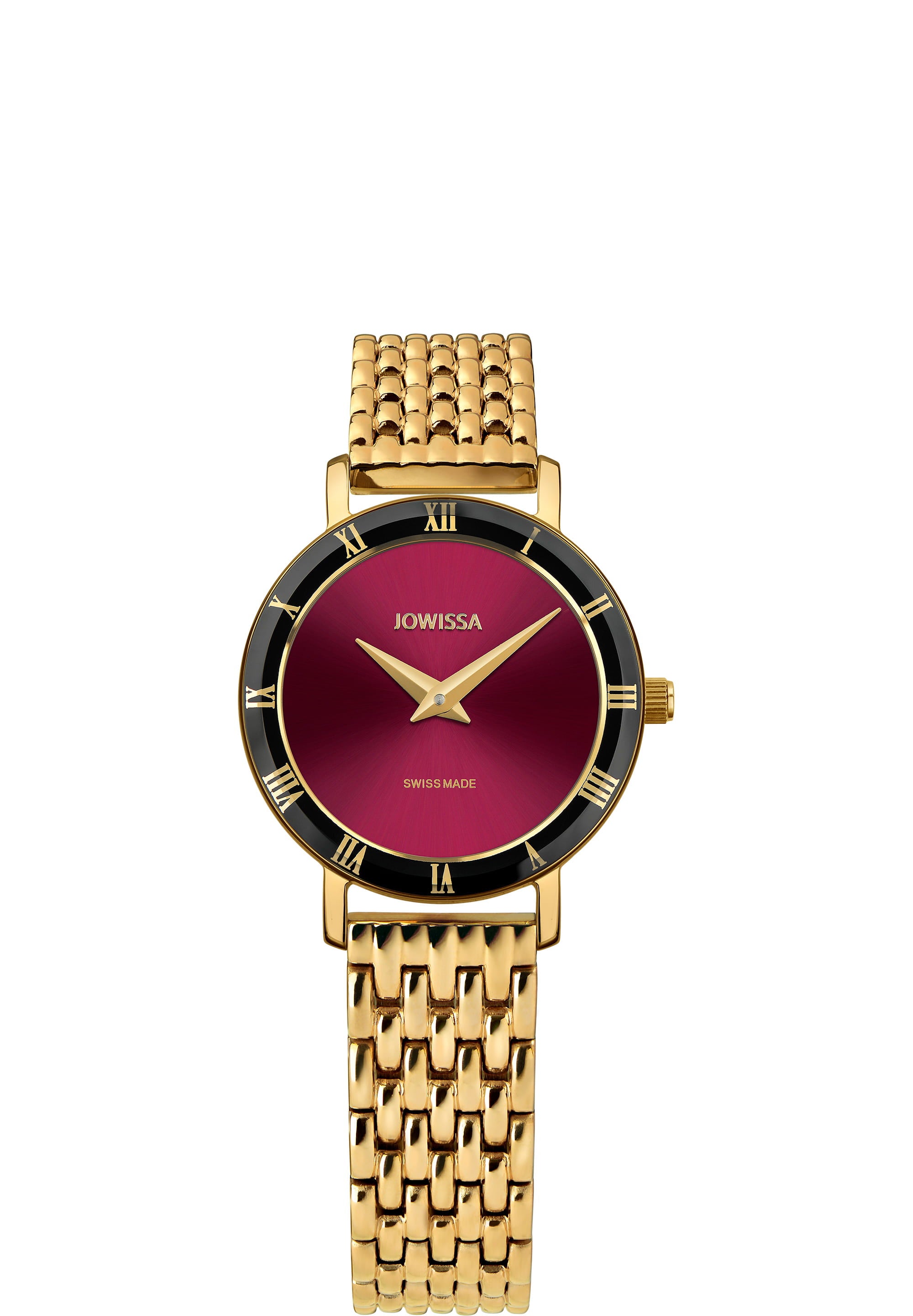 Roma Swiss Ladies Watch J2.291.S featuring a polished gold-plated strap and minimalist maroon dial with Roman numerals.