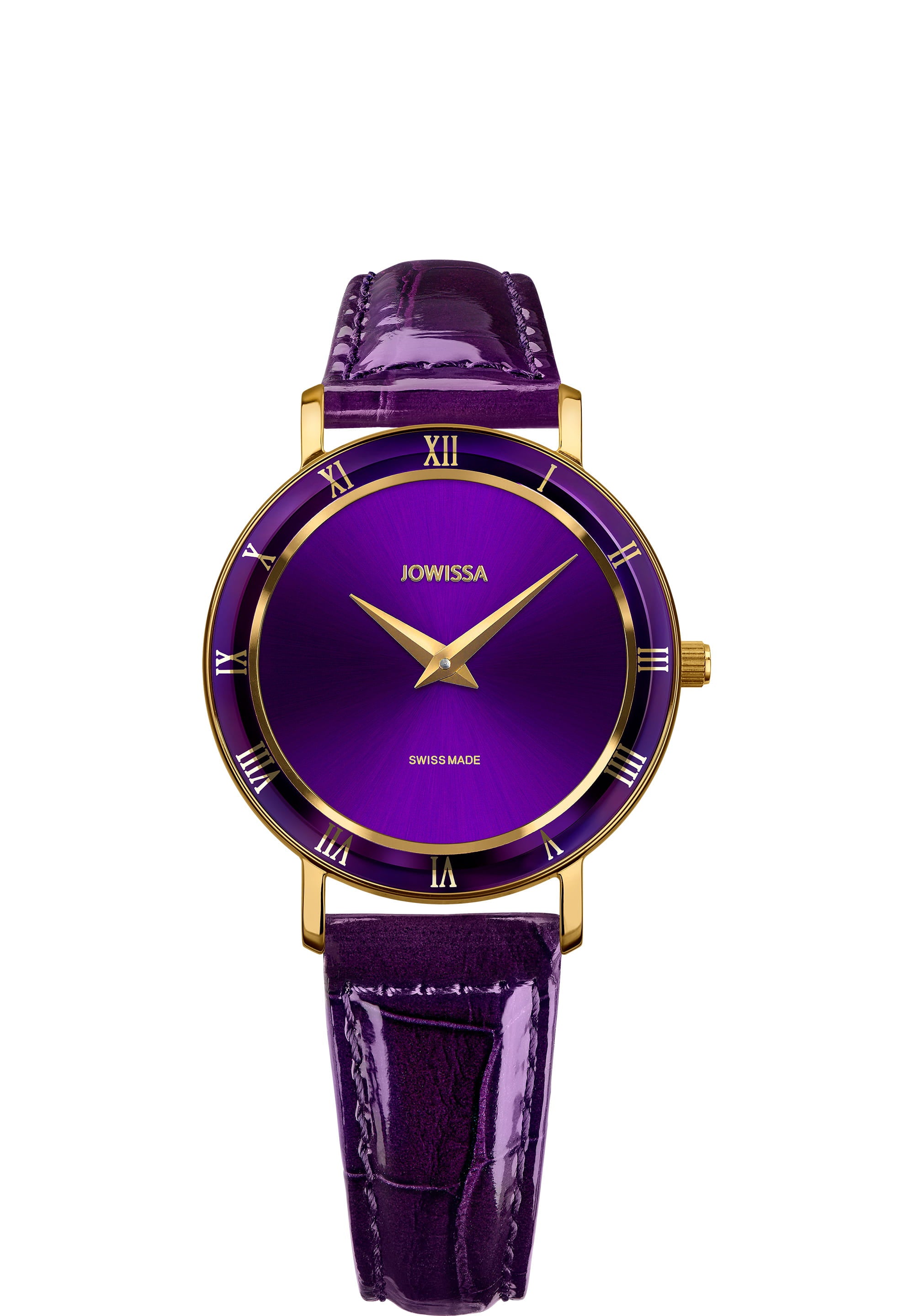 Roma Swiss Ladies Watch J2.293.M featuring a purple dial, gold-tone hands, and a glossy leather strap.