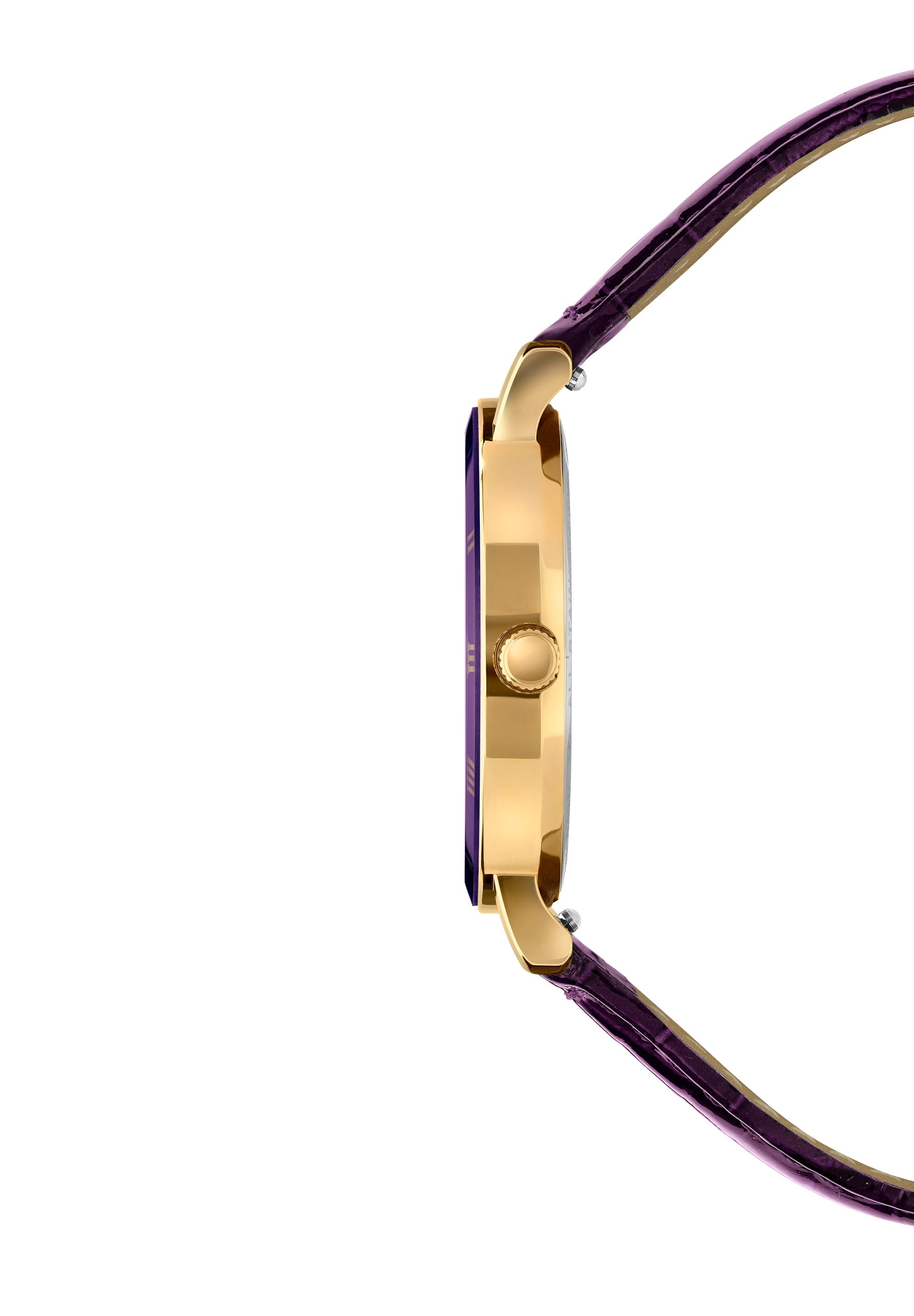 Roma Swiss Ladies Watch J2.293.M featuring a purple dial, gold-tone hands, and a glossy leather strap.