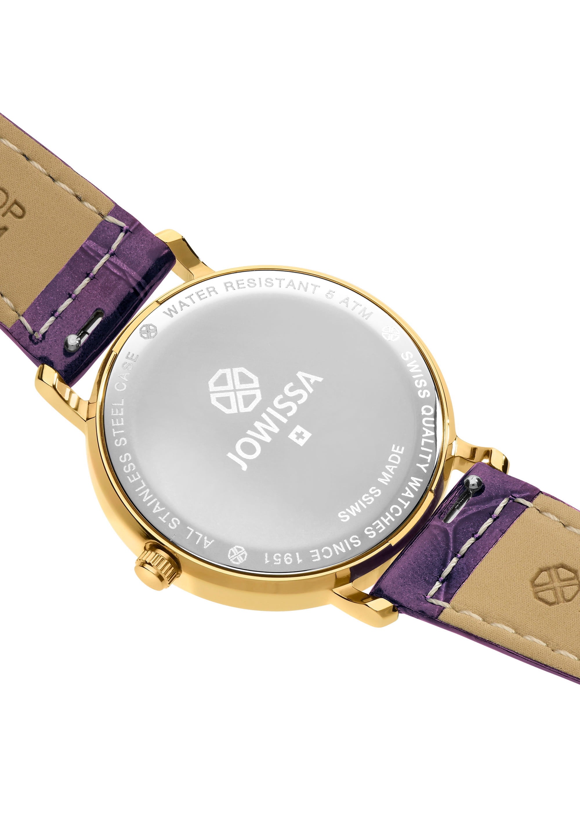 Roma Swiss Ladies Watch J2.293.M featuring a purple dial, gold-tone hands, and a glossy leather strap.