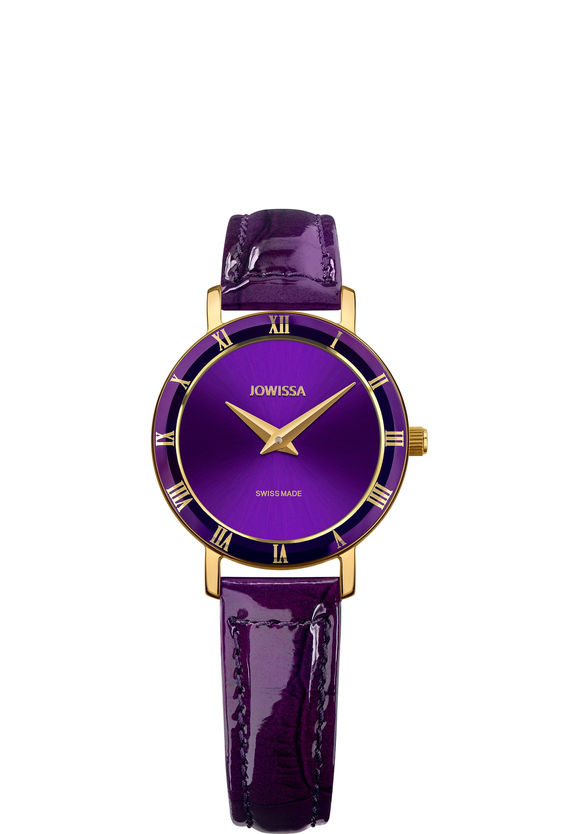 Roma Swiss Ladies Watch J2.293.S featuring a purple dial, gold-tone hands, and a glossy purple leather strap.