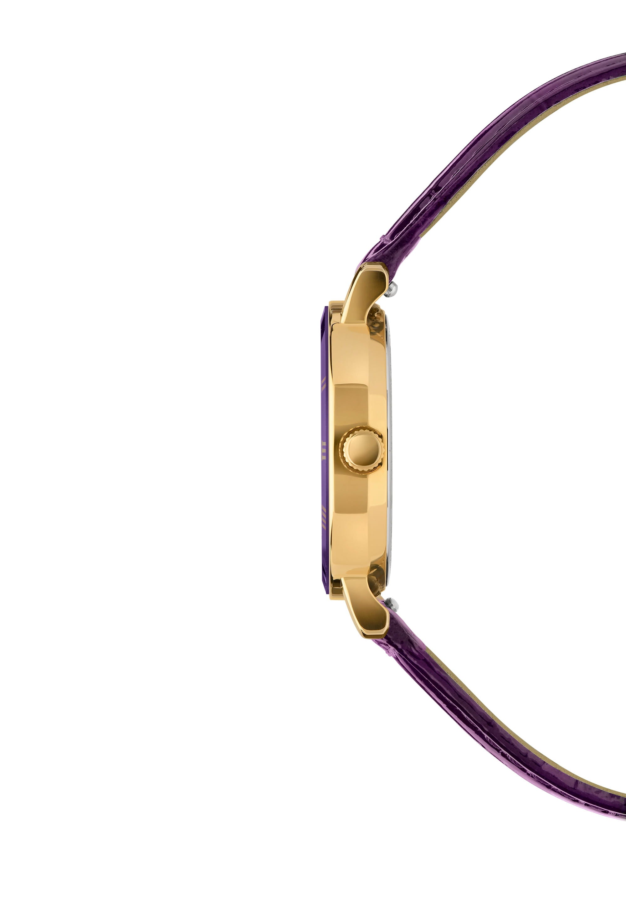 Roma Swiss Ladies Watch J2.293.S featuring a purple dial, gold-tone hands, and a glossy purple leather strap.