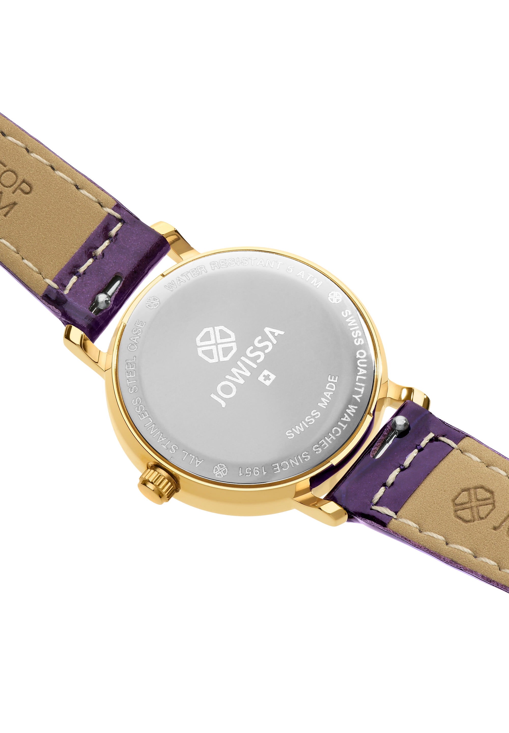 Roma Swiss Ladies Watch J2.293.S featuring a purple dial, gold-tone hands, and a glossy purple leather strap.