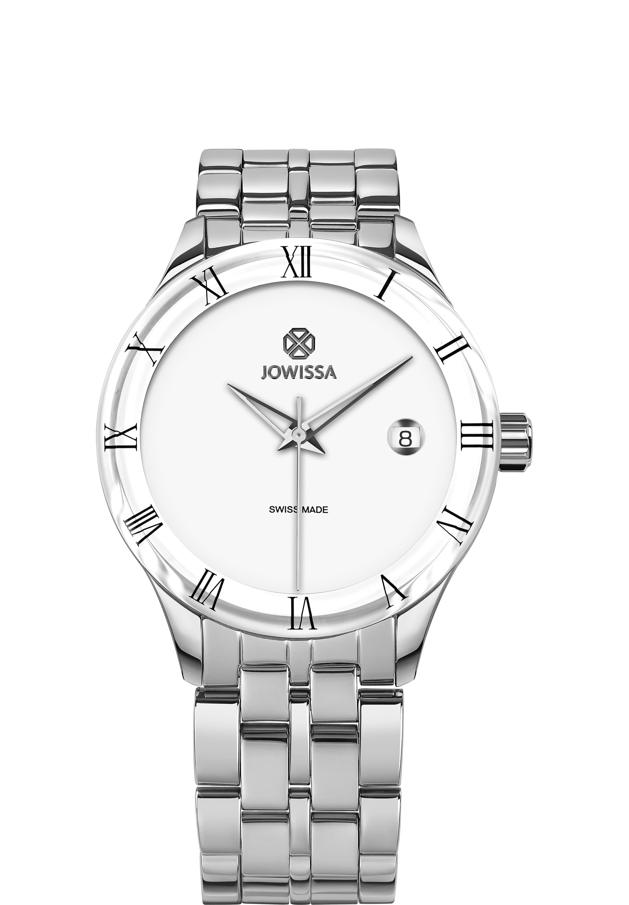 Romo Swiss Made Watch J2.167.M featuring a stainless steel case, enamelled dial, and a stylish stainless steel bracelet.