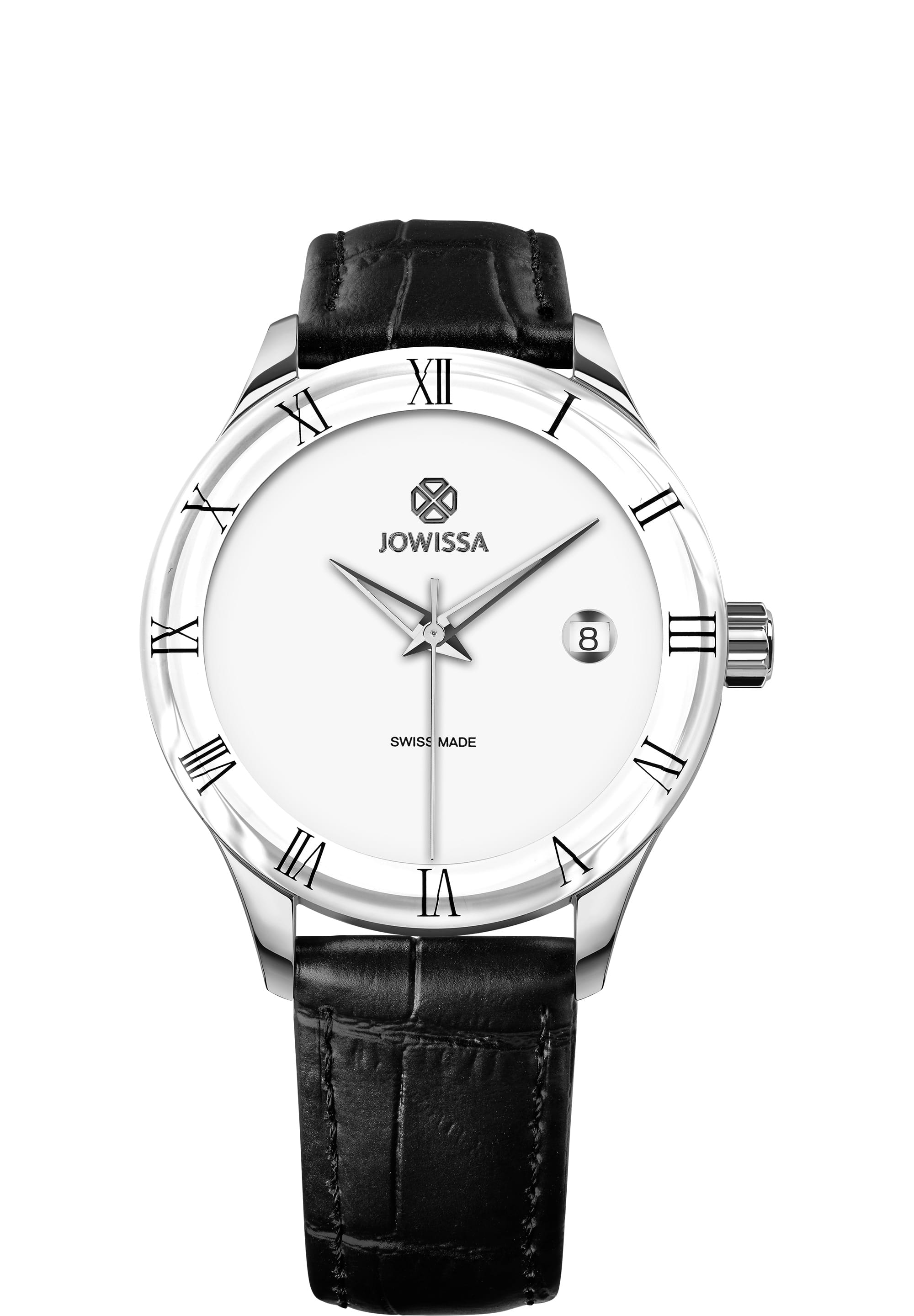 Romo Swiss Made Watch J2.191.M featuring a stainless steel case, tempered mineral glass, and a genuine leather strap with alligator embossing.