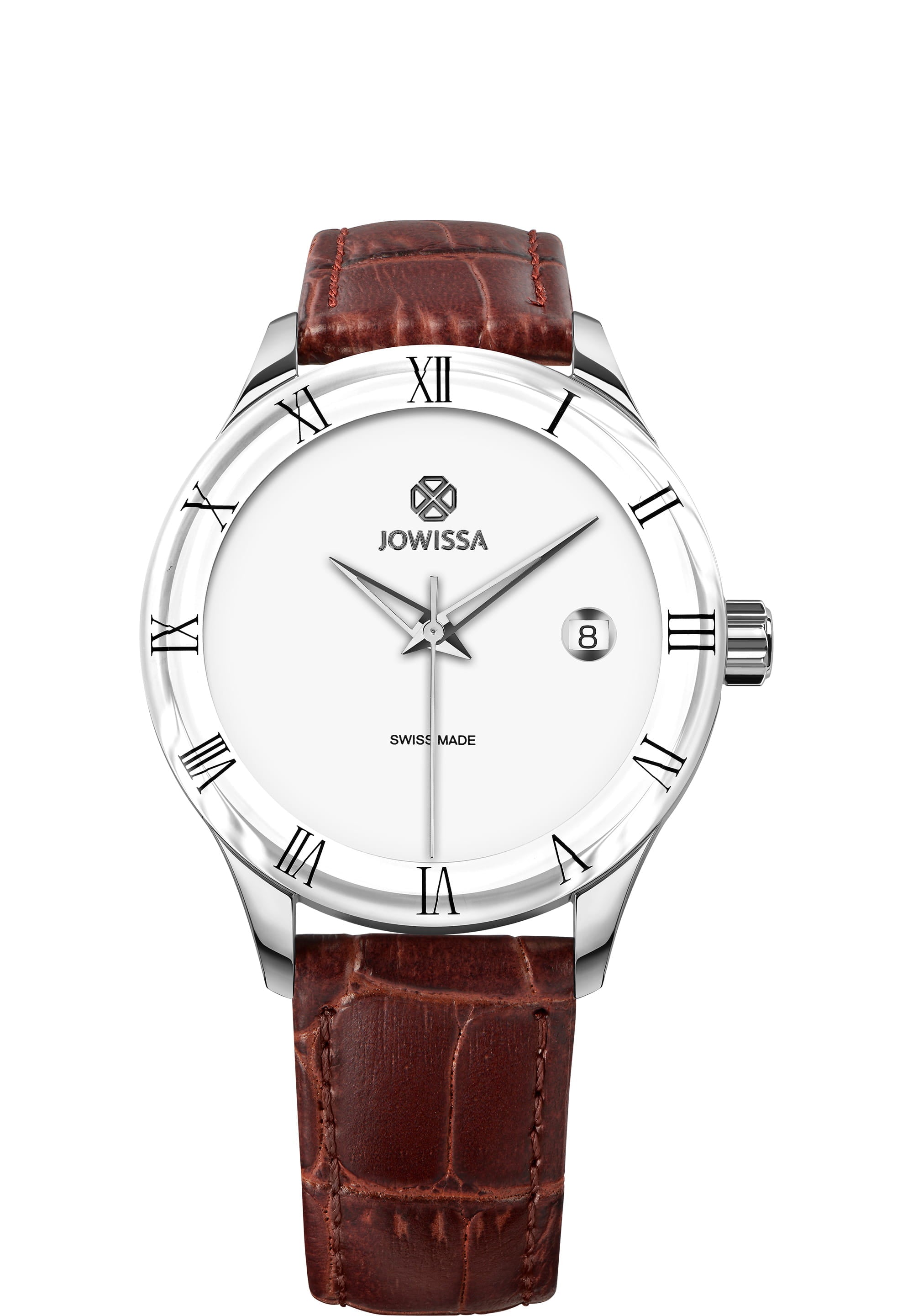 Romo Swiss Made Watch J2.192.M featuring a stainless steel case, tempered mineral glass, and alligator-embossed leather strap.