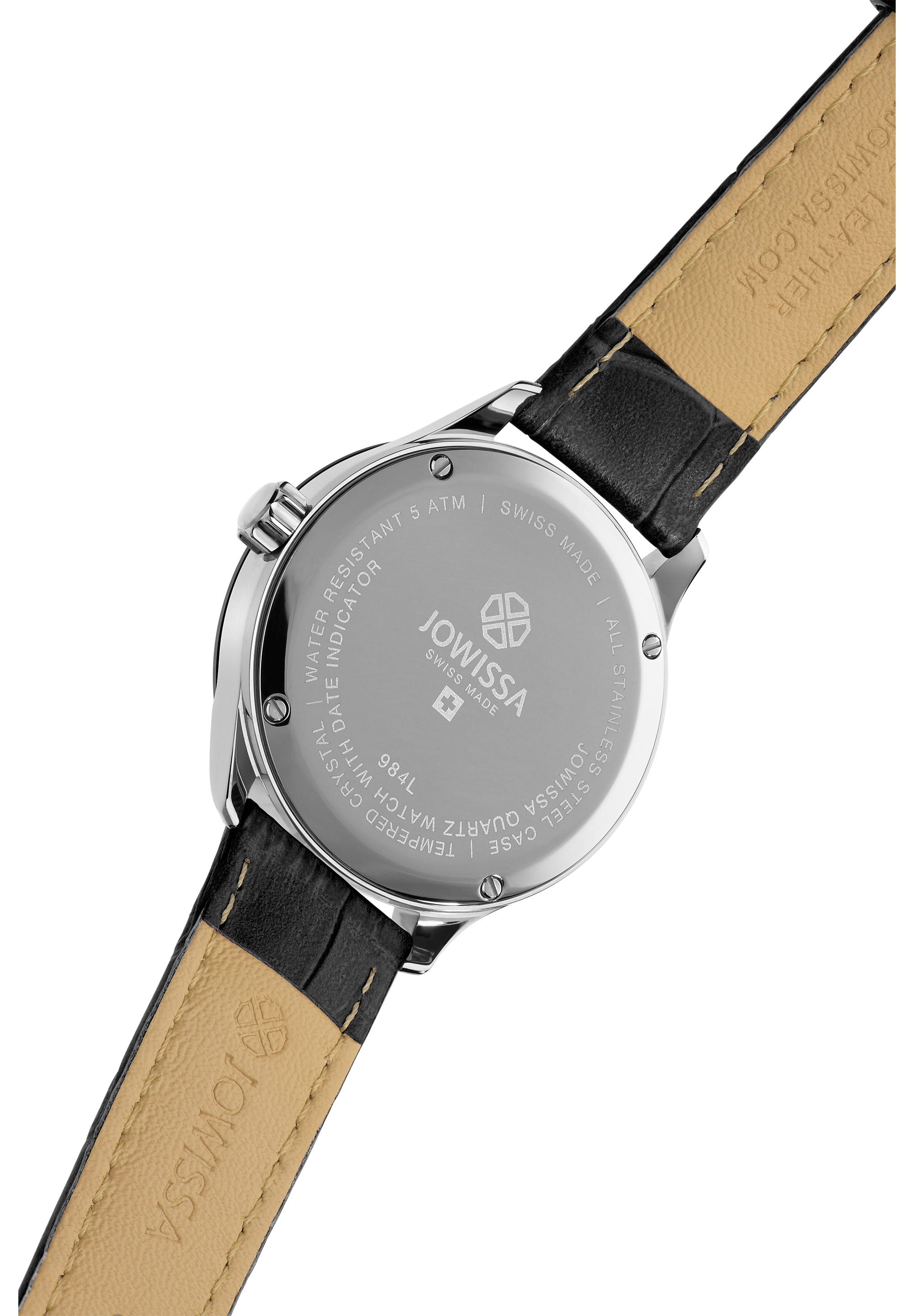 Romo Swiss Made Watch J2.193.M featuring a stainless steel case, tempered mineral glass, and a genuine leather strap with alligator embossing.