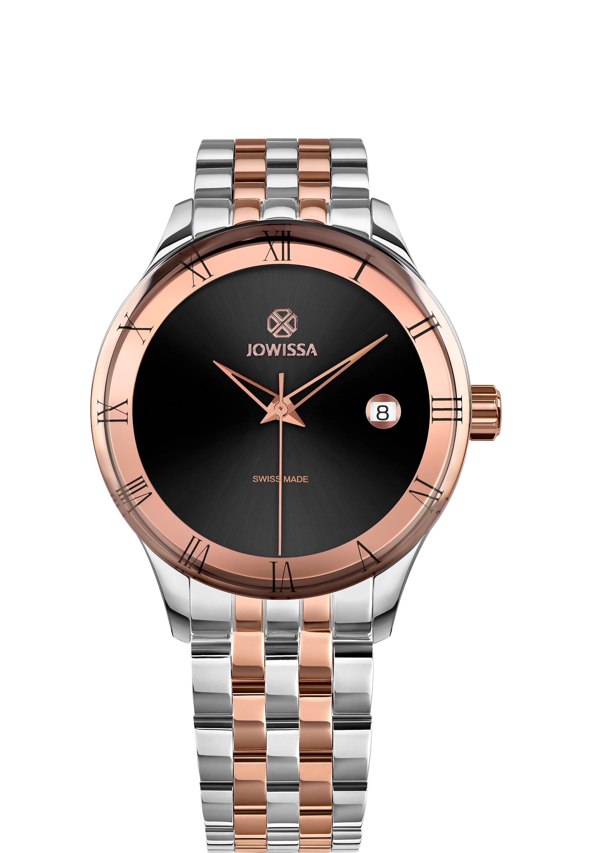 Romo Swiss Made Watch J2.234.M featuring a stainless steel case and bracelet with a shiny sunray dial.