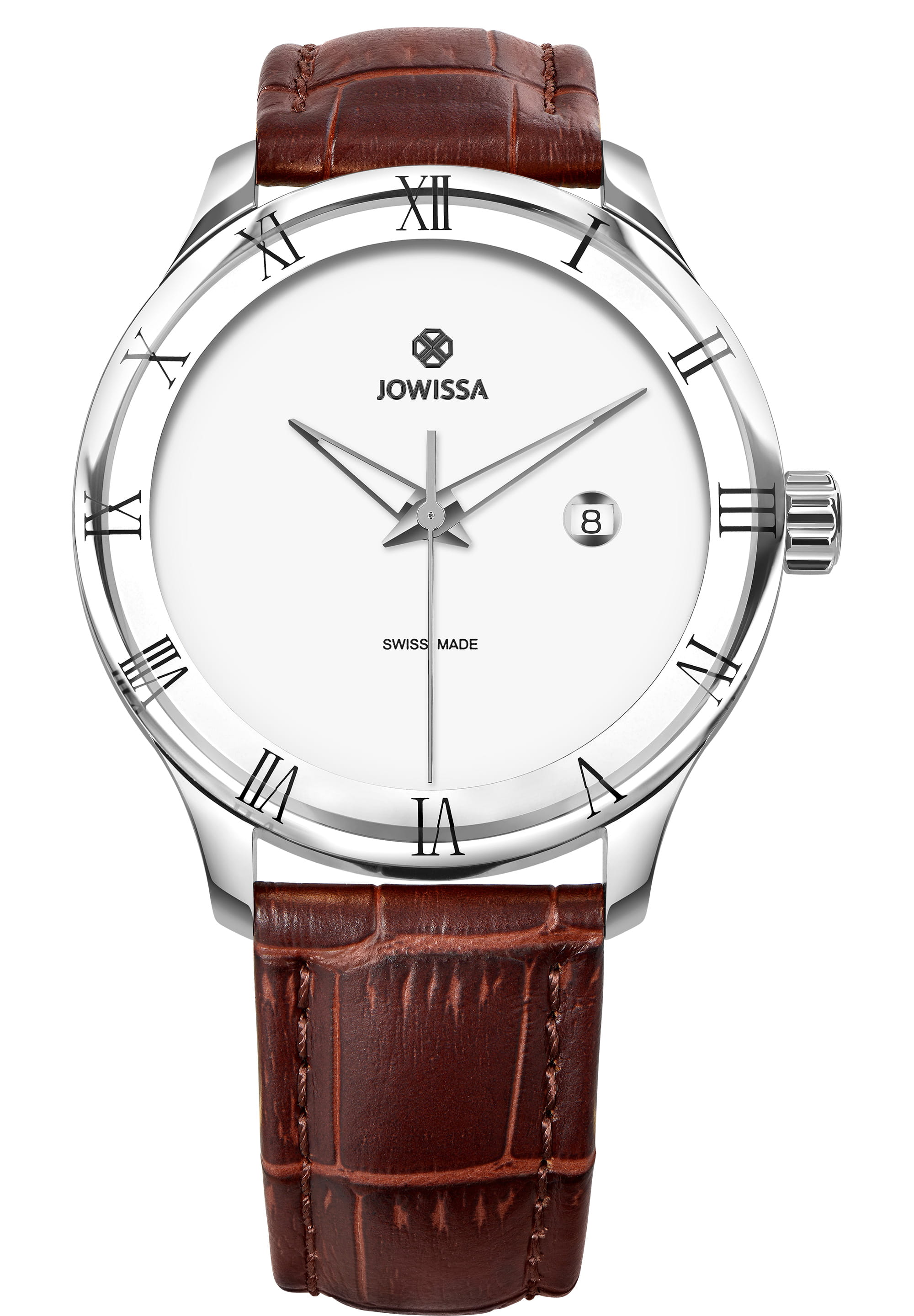 Romo Swiss Men's Watch J2.192.L featuring a stainless steel case, tempered mineral glass, and a genuine leather strap with alligator embossing.