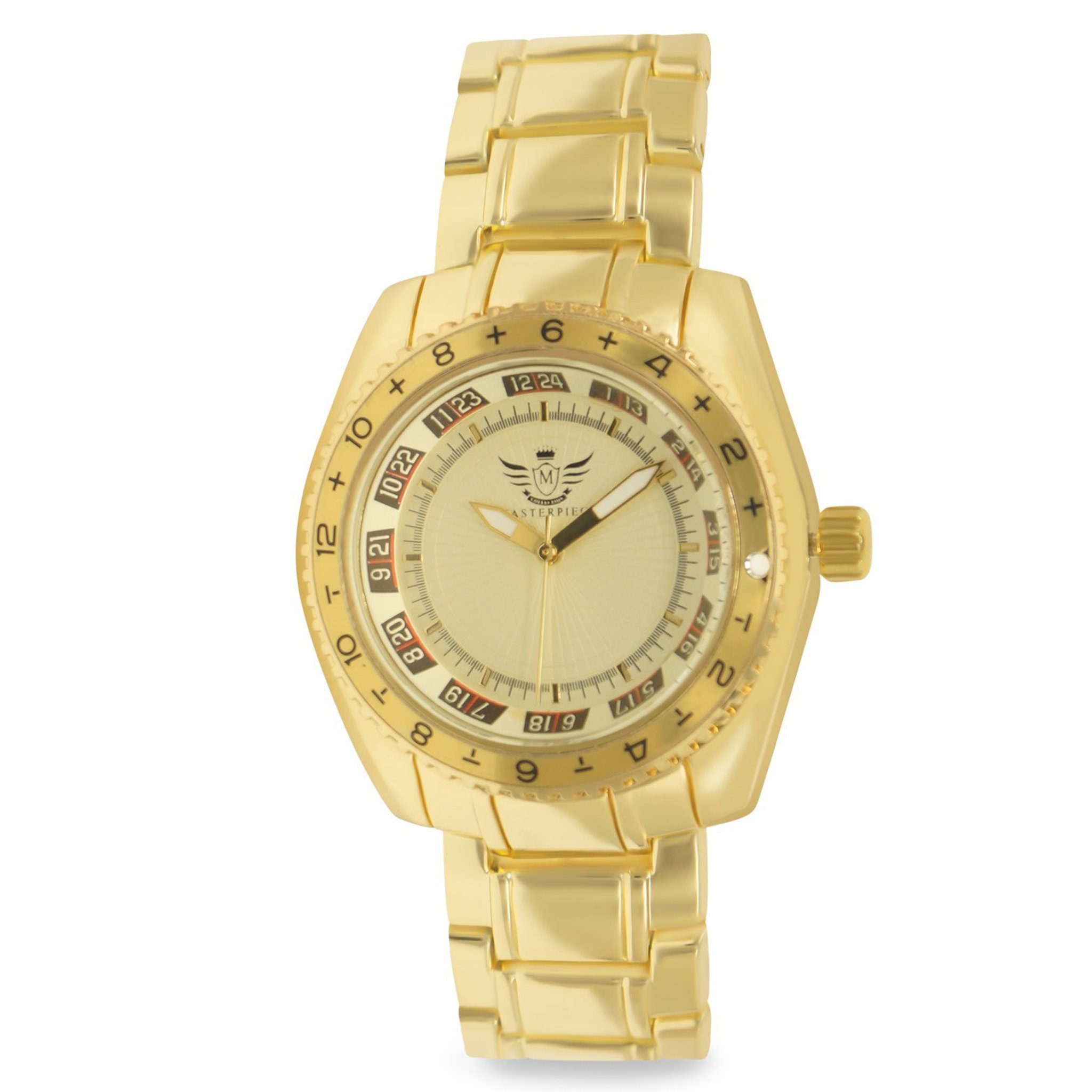 ROULETTE Masterpiece Watch featuring a unique design with ancient numeric pattern and 24-hour inner ring, plated in 14K yellow gold.