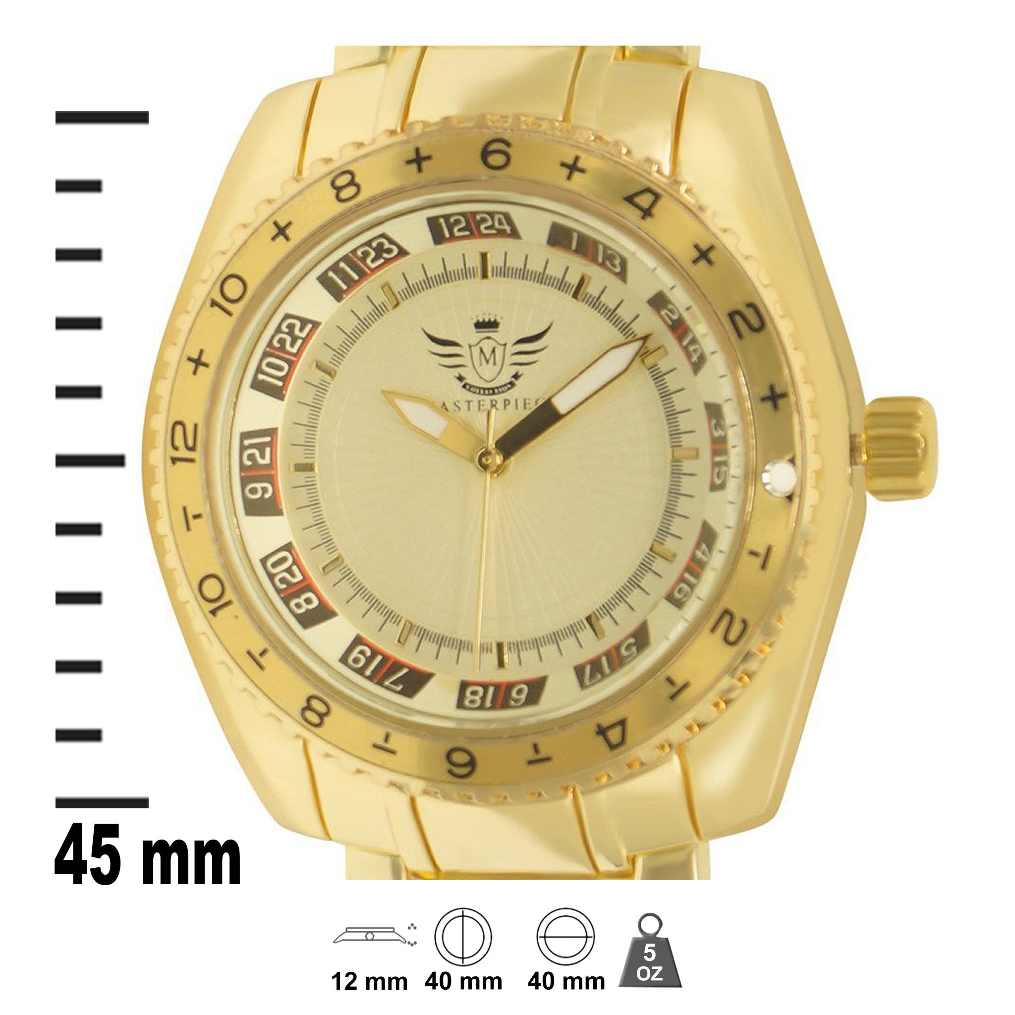 ROULETTE Masterpiece Watch featuring a unique design with ancient numeric pattern and 24-hour inner ring, plated in 14K yellow gold.