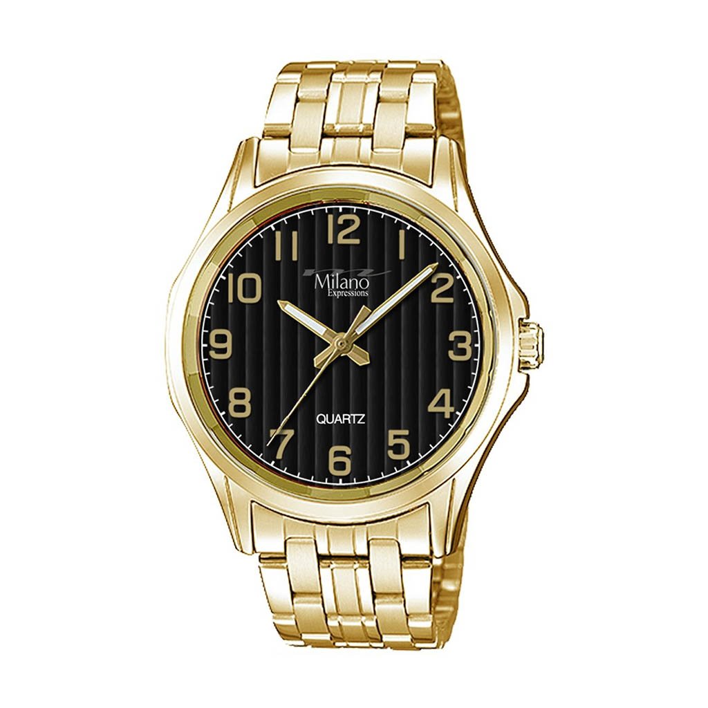 Ruston Gold Metal Band Watch featuring a sleek black dial and elegant design.