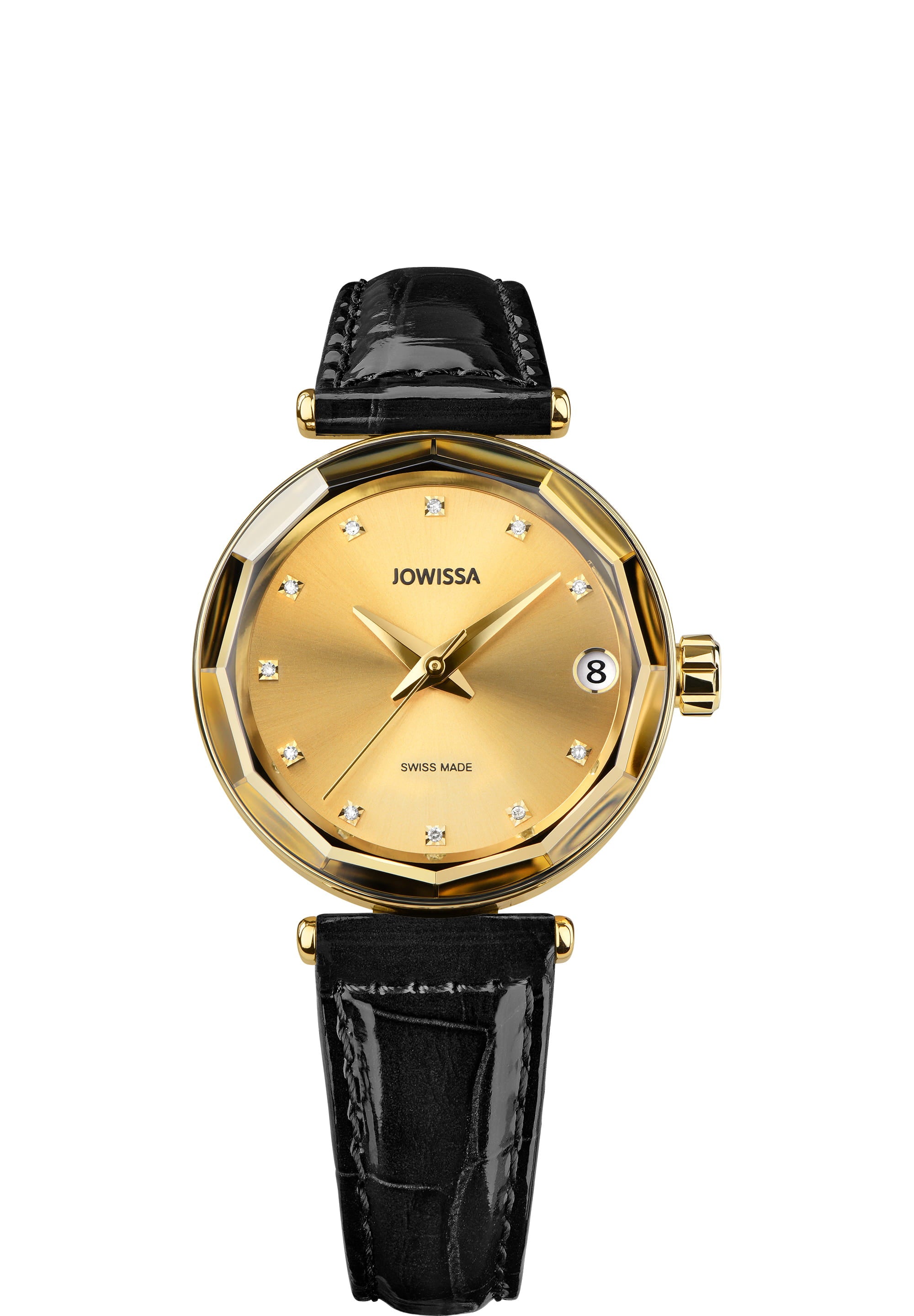 Safira 12 Swiss Automatic Watch J1.279.M featuring a gold and black design with diamond indices and an alligator-embossed leather strap.