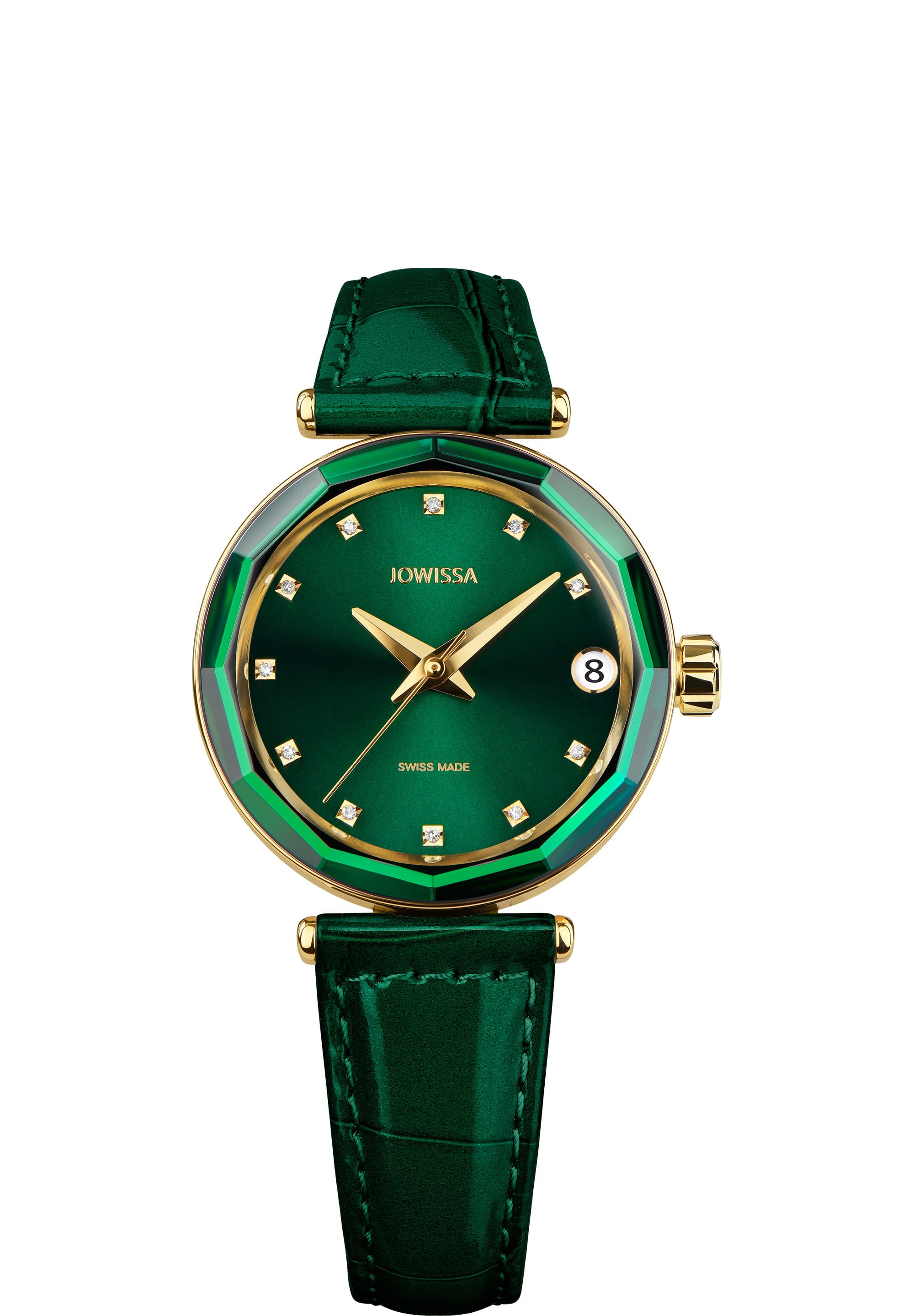 Safira 12 Swiss Automatic Watch J1.281.M featuring a green dial, diamond indices, and a glossy leather strap.