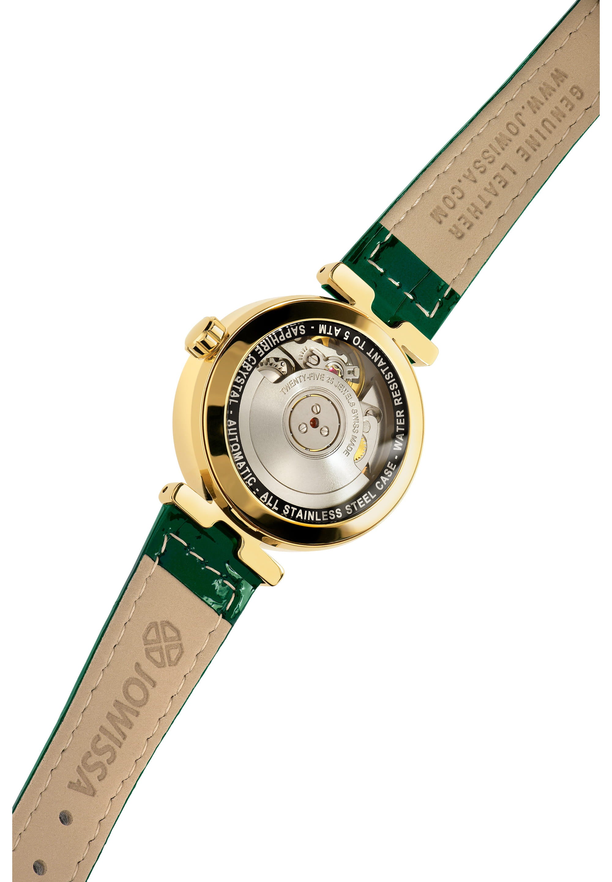 Safira 12 Swiss Automatic Watch J1.281.M featuring a green dial, diamond indices, and a glossy leather strap.