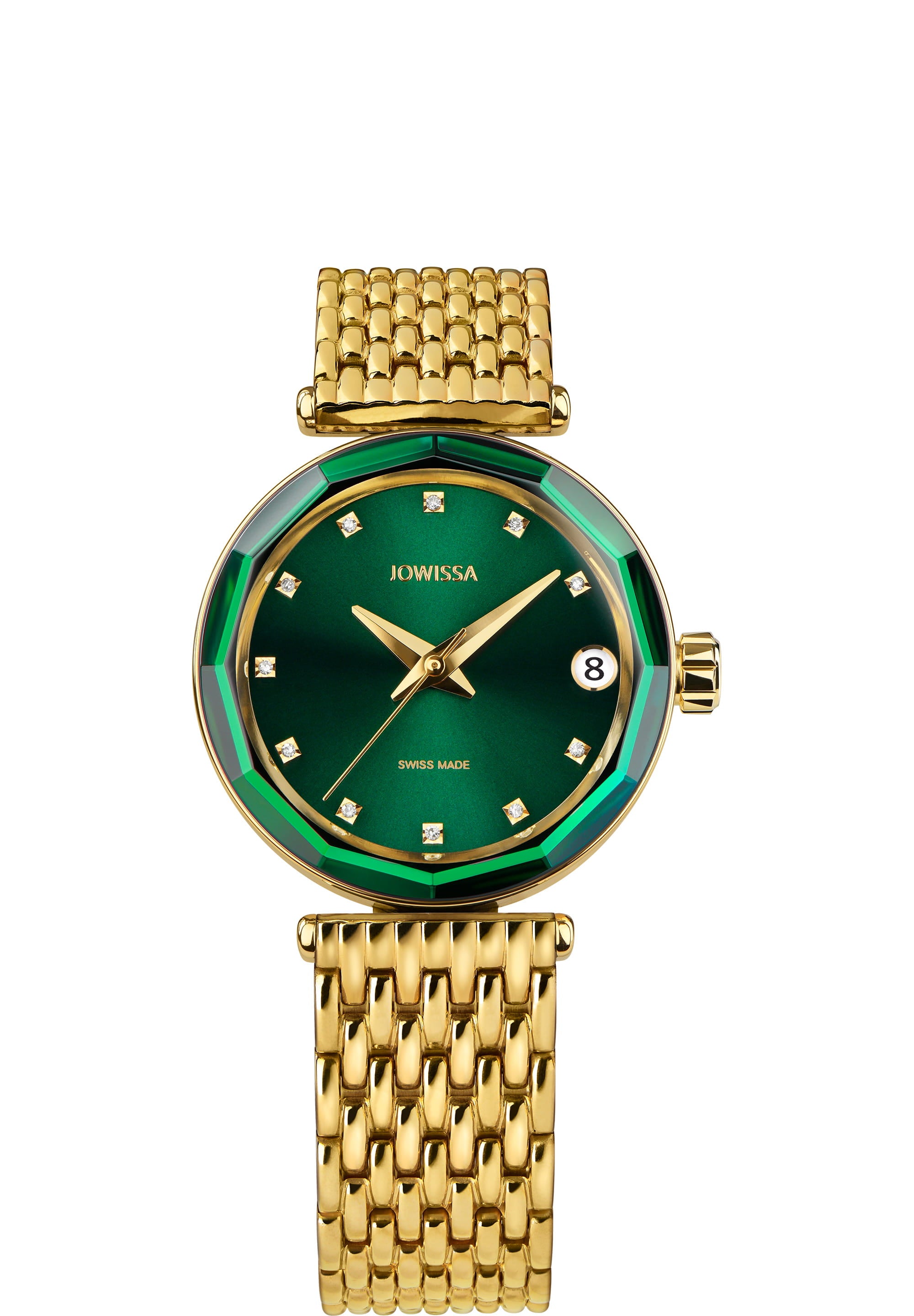 Safira 12 Swiss Automatic Watch J1.284.M featuring a gold bracelet and green dial with diamond indices.