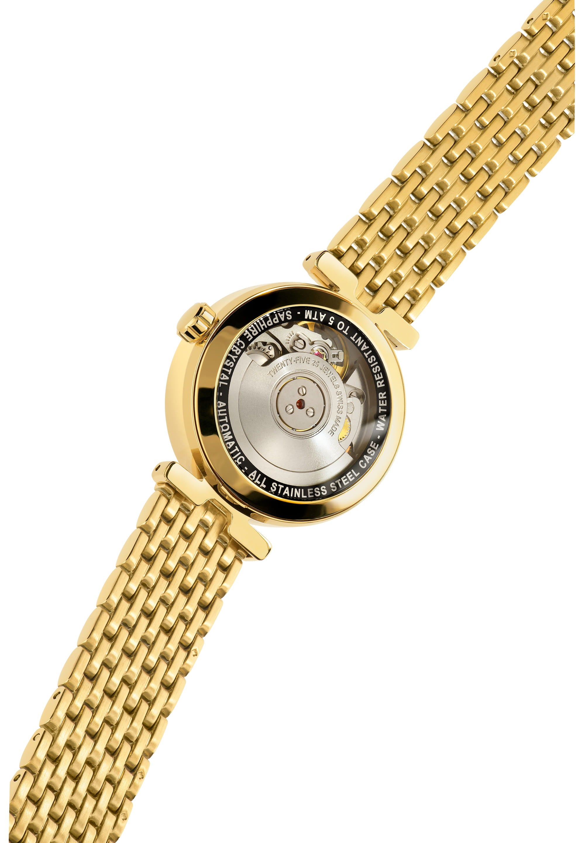 Safira 12 Swiss Automatic Watch J1.284.M featuring a gold bracelet and green dial with diamond indices.