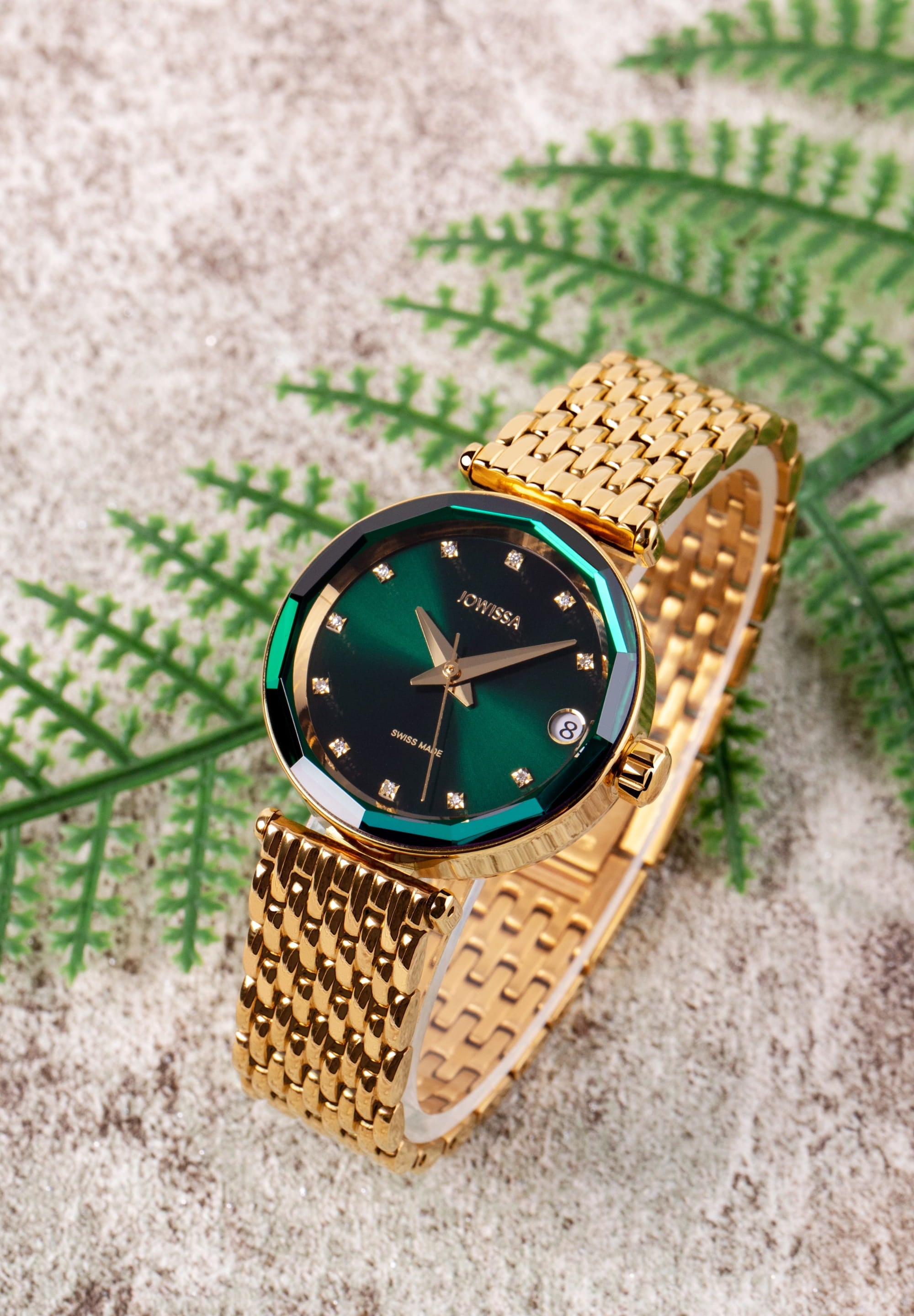 Safira 12 Swiss Automatic Watch J1.284.M featuring a gold bracelet and green dial with diamond indices.