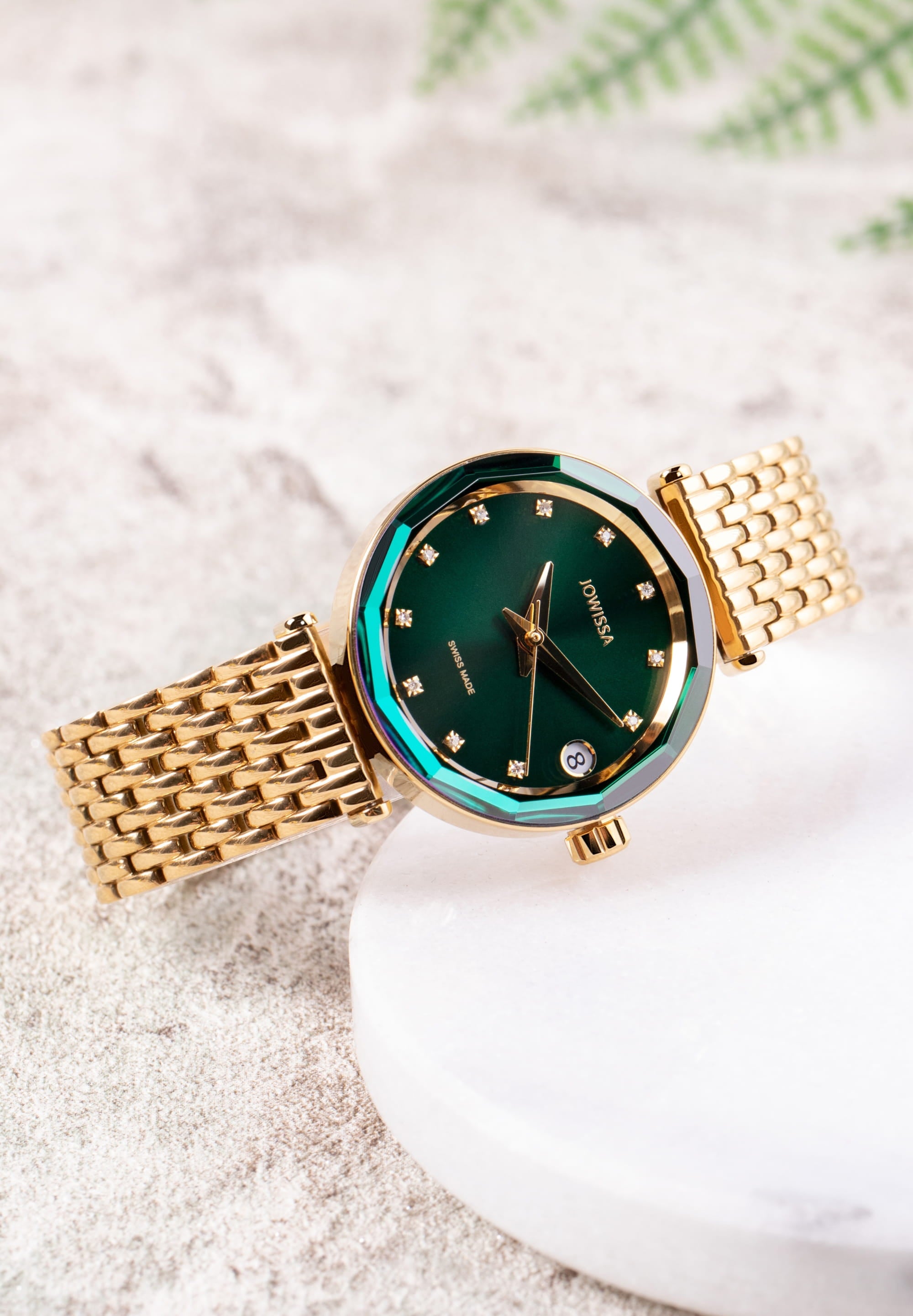 Safira 12 Swiss Automatic Watch J1.284.M featuring a gold bracelet and green dial with diamond indices.