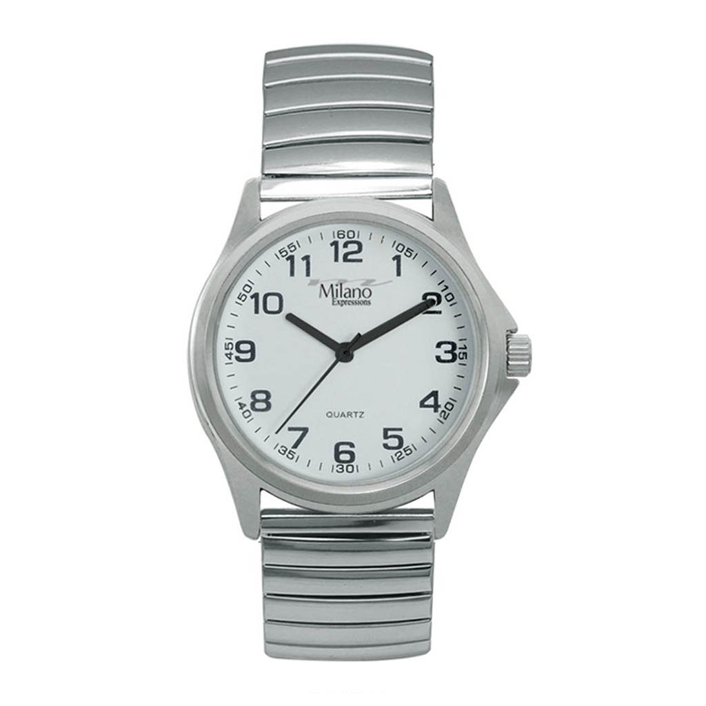 Salisbury Silver Flex Band Watch with White Dial by M Milano Expressions, showcasing its elegant design and durable materials.