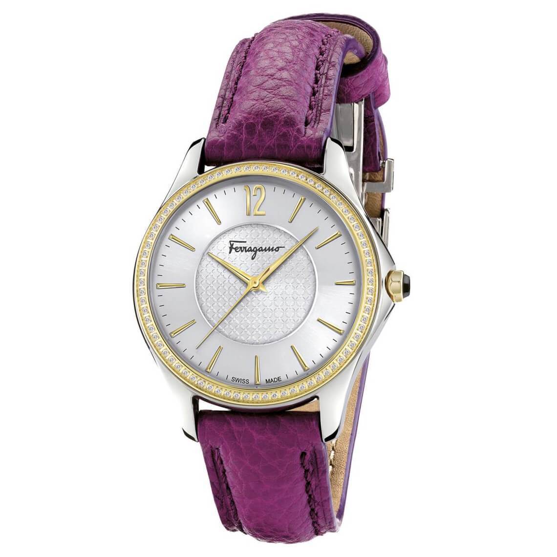 Salvatore Ferragamo FFV030016 Women's 'Time' Swiss Quartz watch featuring a purple leather strap, octagonal golden case, and diamond bezel.