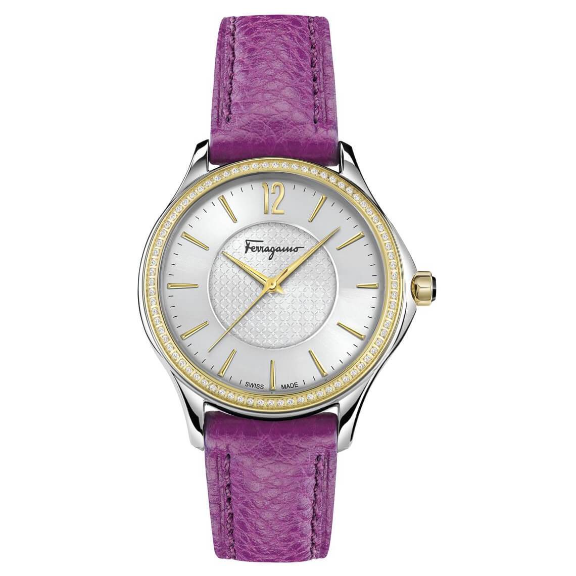 Salvatore Ferragamo FFV030016 Women's 'Time' Swiss Quartz watch featuring a purple leather strap, octagonal golden case, and diamond bezel.