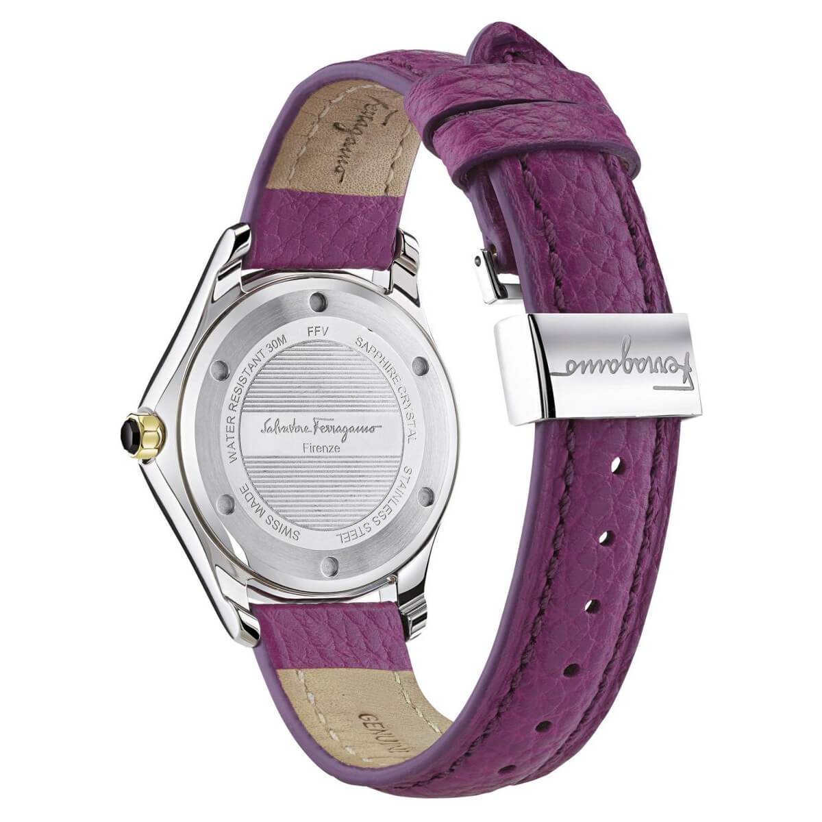 Salvatore Ferragamo FFV030016 Women's 'Time' Swiss Quartz watch featuring a purple leather strap, octagonal golden case, and diamond bezel.