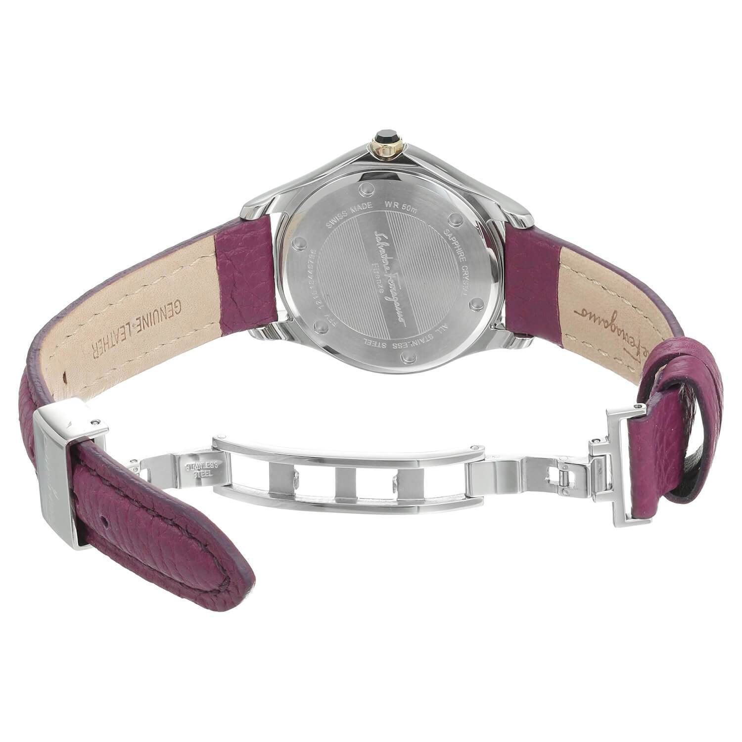 Salvatore Ferragamo FFV030016 Women's 'Time' Swiss Quartz watch featuring a purple leather strap, octagonal golden case, and diamond bezel.