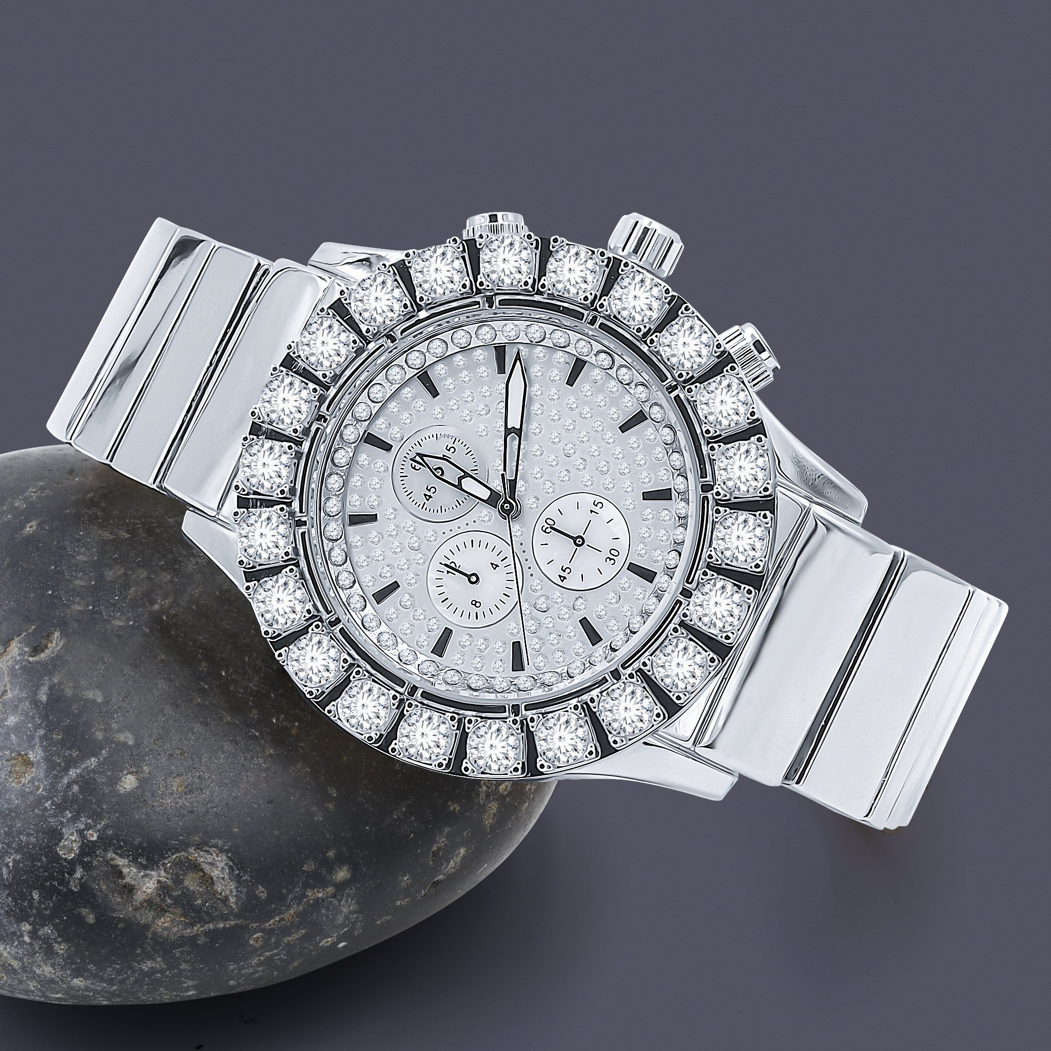 Sanguine Hip Hop Metal Watch with white CZ stones and polished metal band, showcasing its elegant design and three sub-dials.