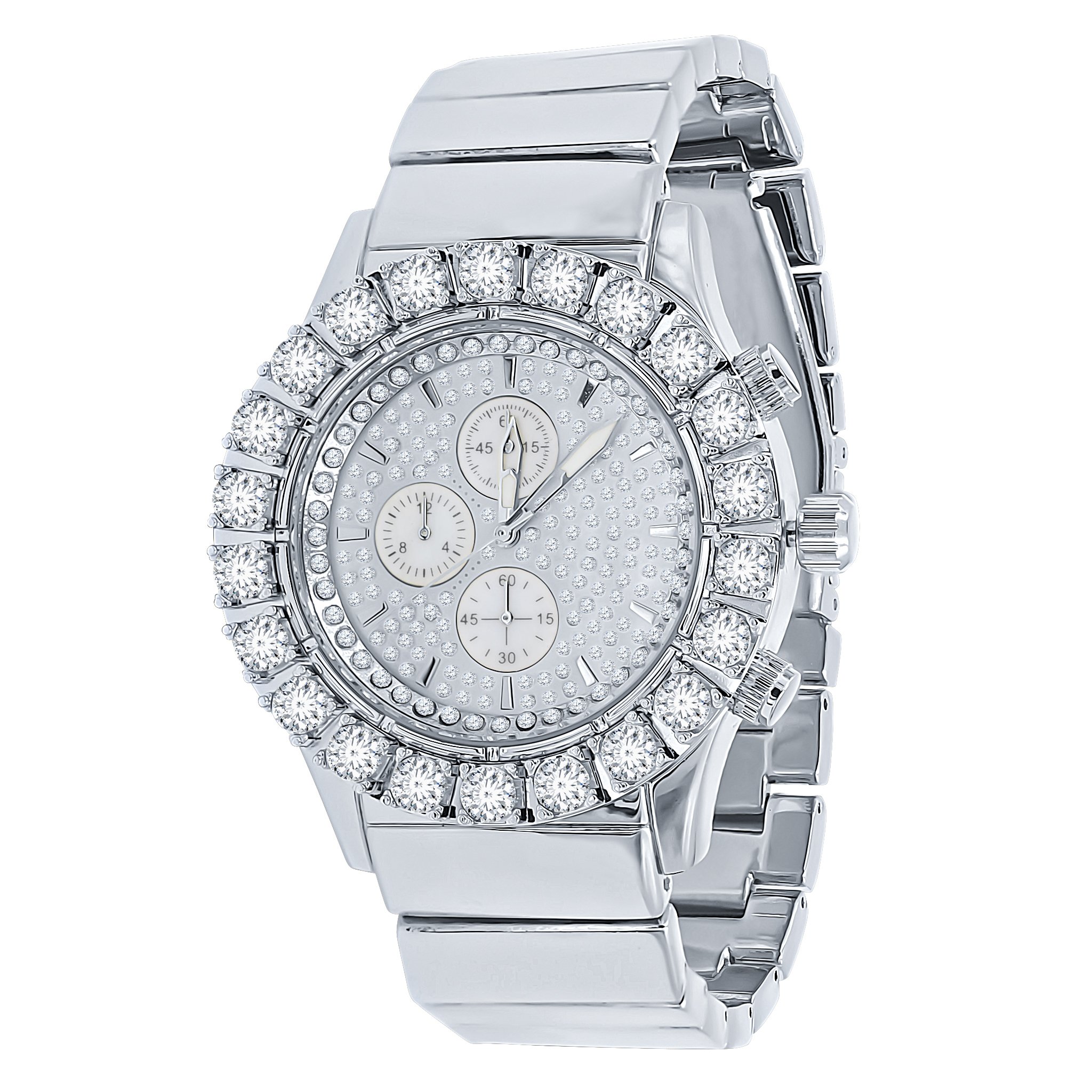 Sanguine Hip Hop Metal Watch with white CZ stones and polished metal band, showcasing its elegant design and three sub-dials.