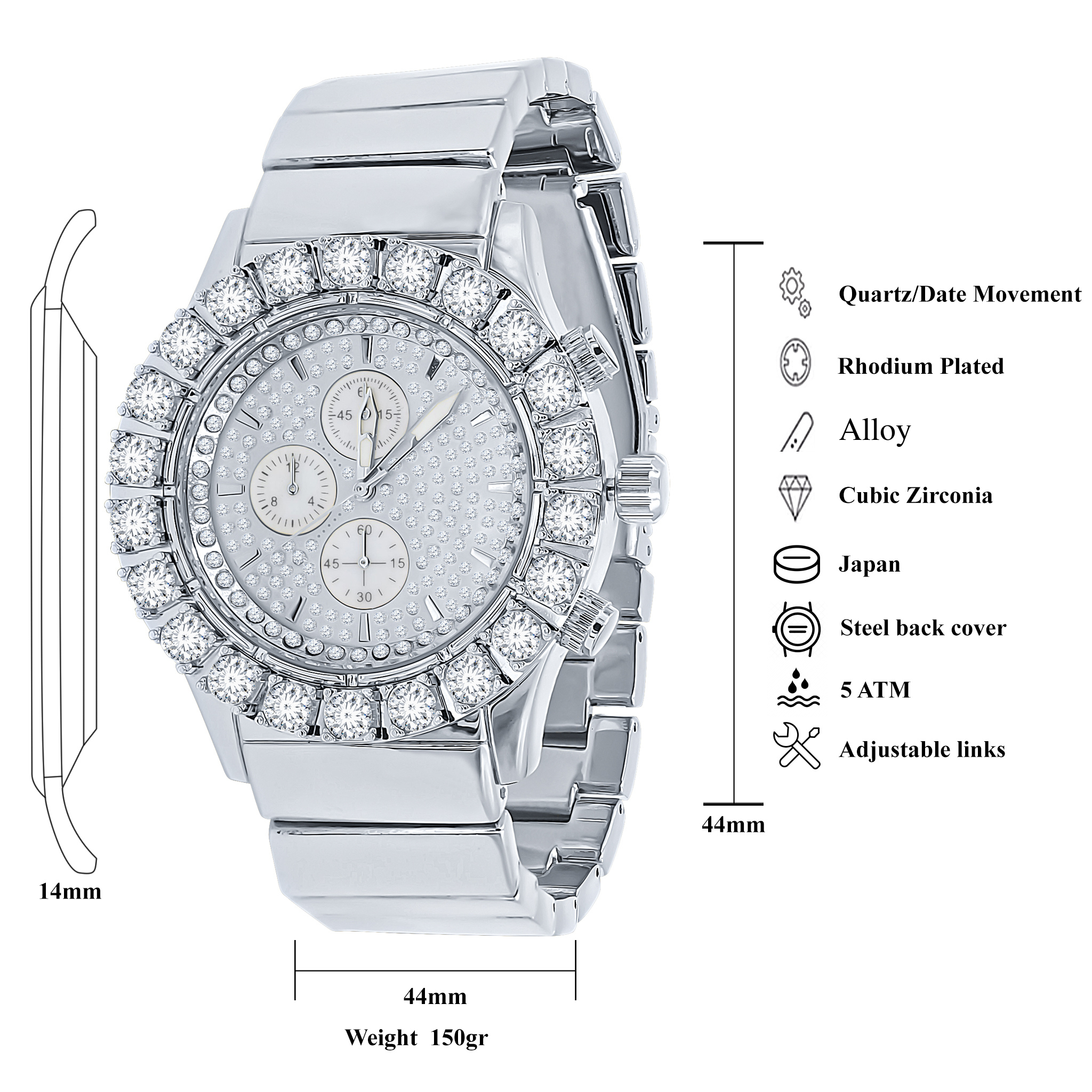 Sanguine Hip Hop Metal Watch with white CZ stones and polished metal band, showcasing its elegant design and three sub-dials.