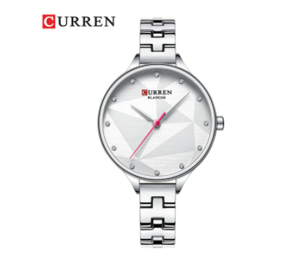 Scarlet Curren Women Watch featuring a round dial and sleek metal band, showcasing elegance and durability.