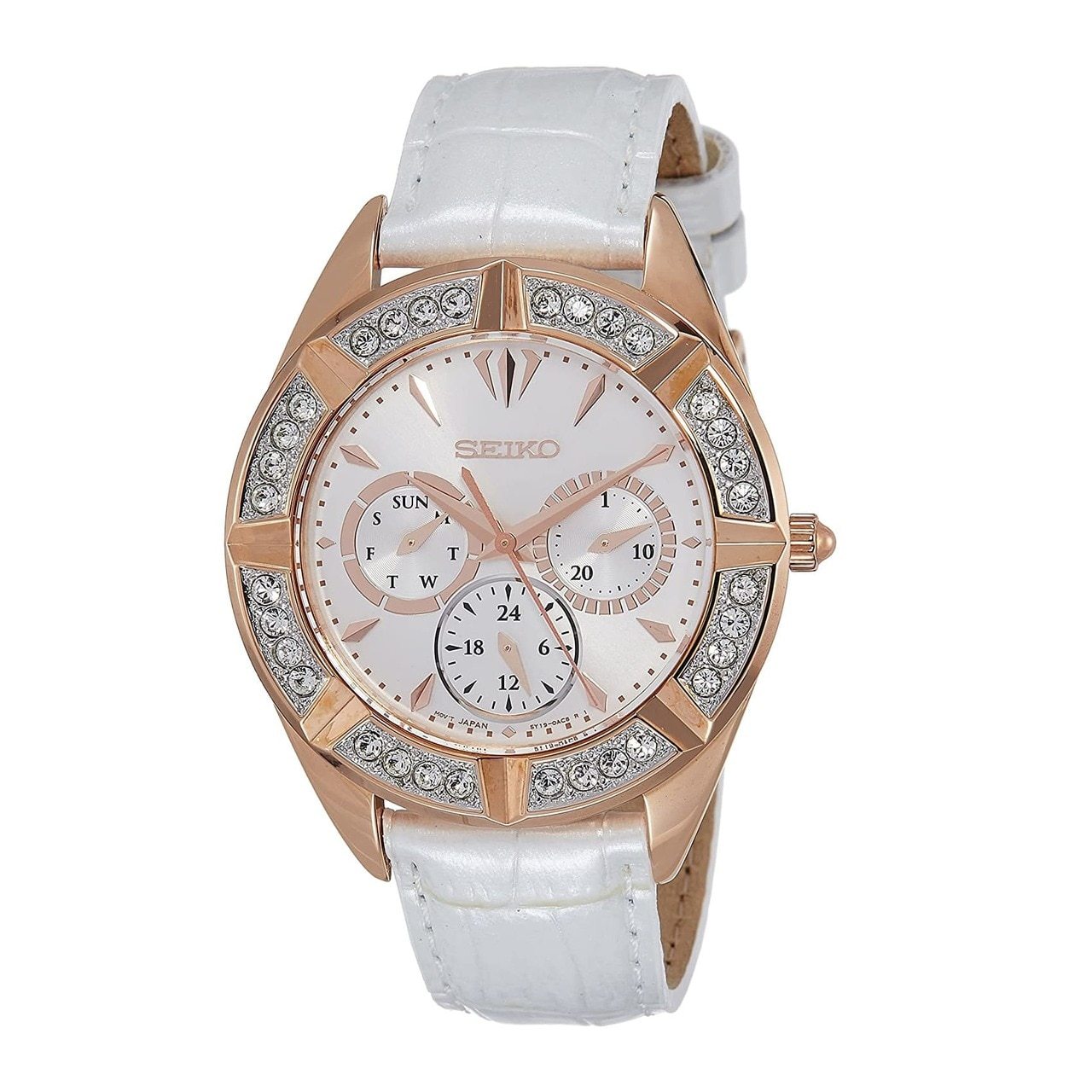 Seiko SKY682 Lord Crystal Accent Women's Multi-Function Leather Watch with white dial and Swarovski crystals.