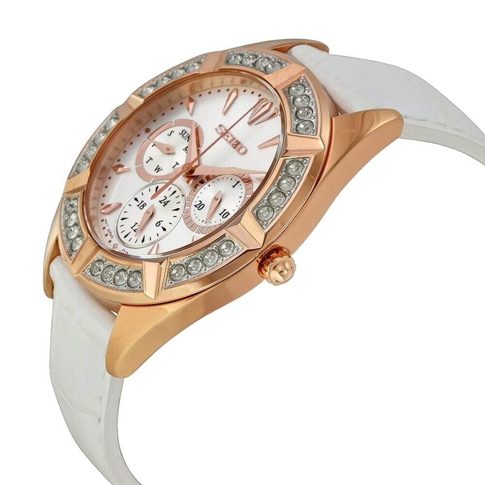 Seiko SKY682 Lord Crystal Accent Women's Multi-Function Leather Watch with white dial and Swarovski crystals.