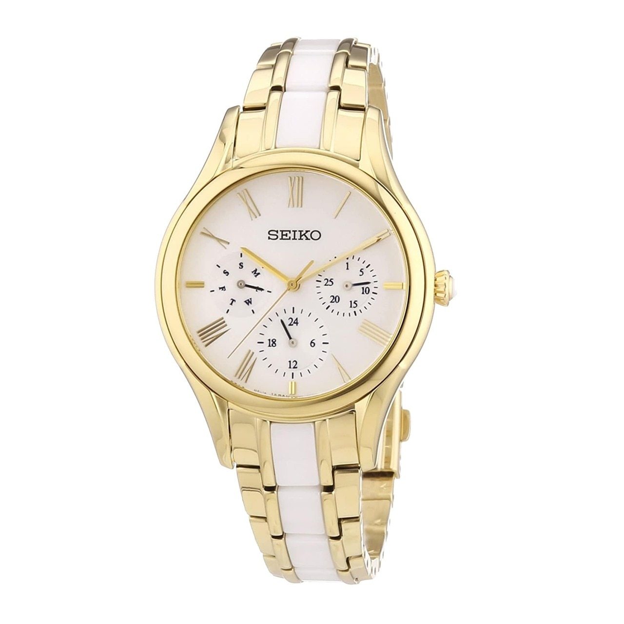 Seiko SKY718 Two Tone Ceramic Gold Stainless White Dial Multi-Function Watch showcasing its elegant design and features.