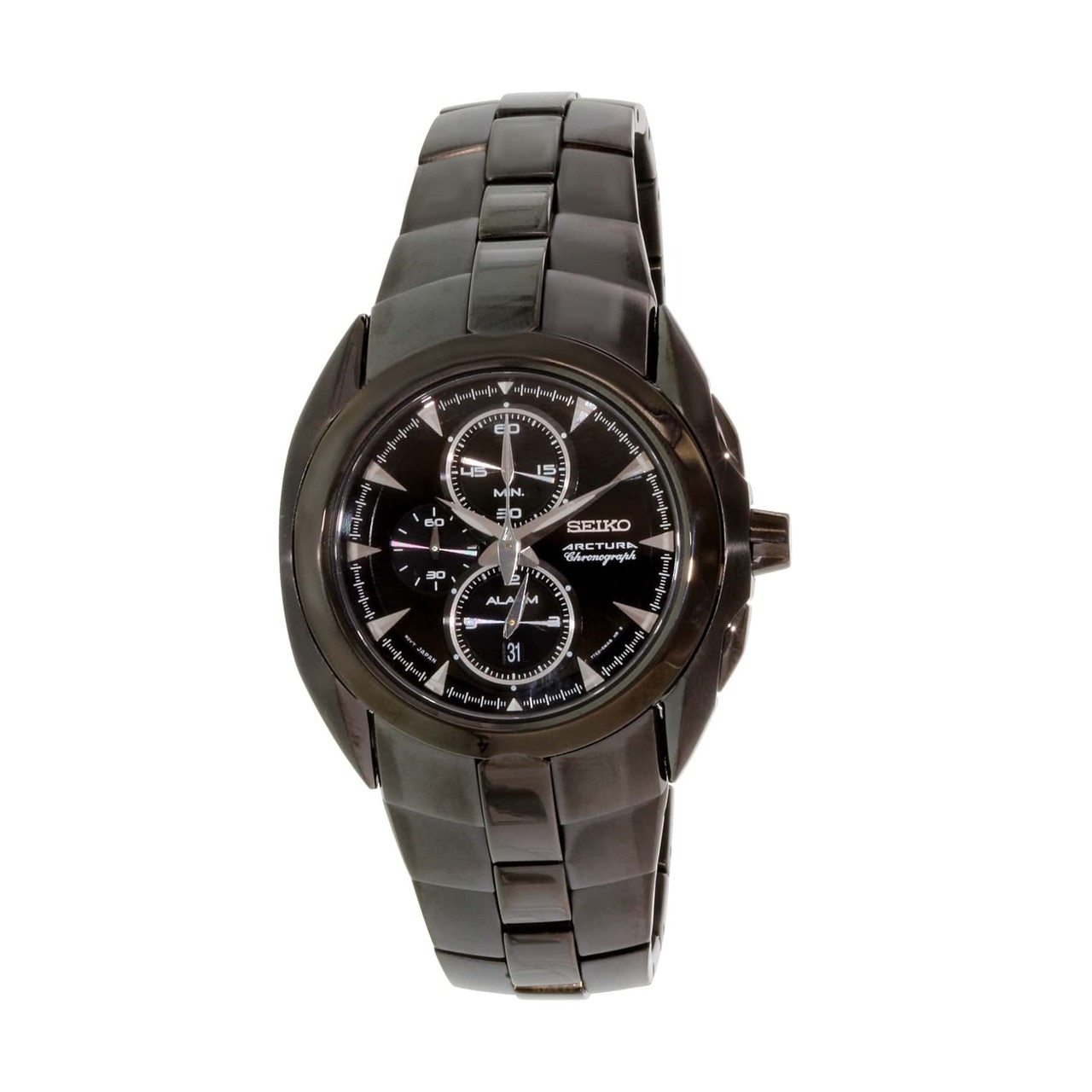 Seiko SNAD11 Arctura men's alarm chronograph watch with black ion-plated band and black dial, showcasing a stylish and durable design.