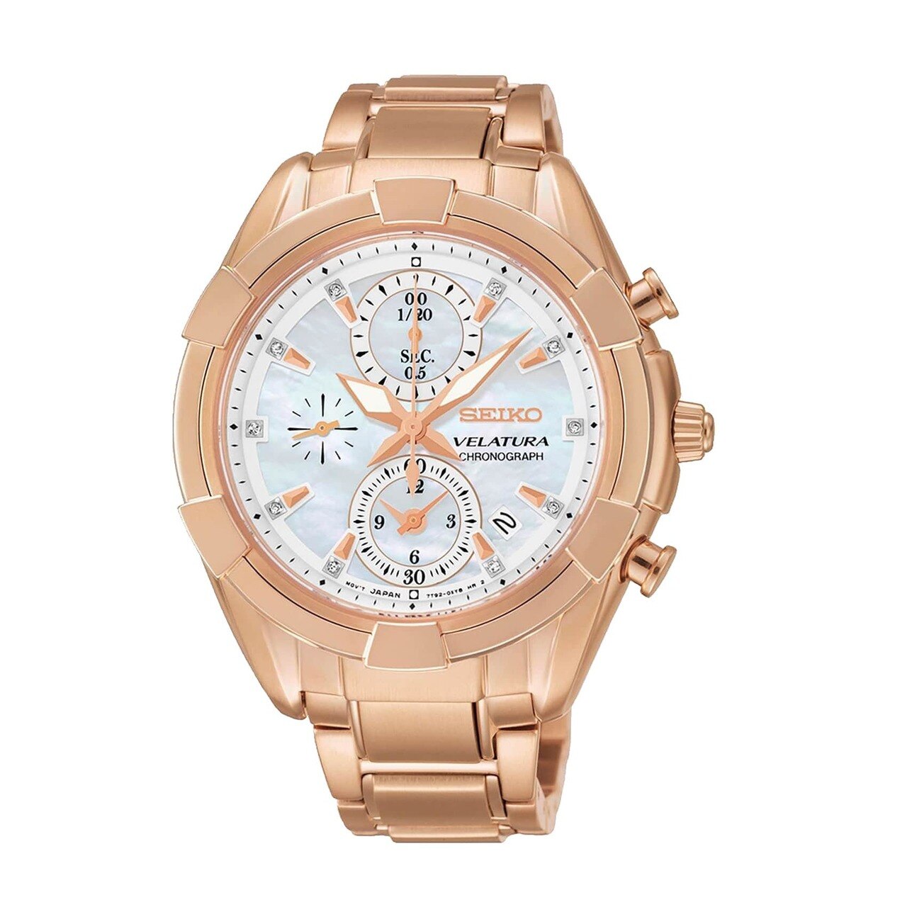 Seiko SNDW10 Velatura Gold Stainless Steel Women's Chronograph Watch with White Dial and Luminous Hands.