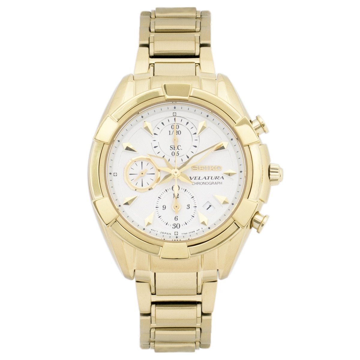 Seiko SNDW56 Velatura Women's Chronograph Watch with Gold Stainless Steel Band and White Dial.