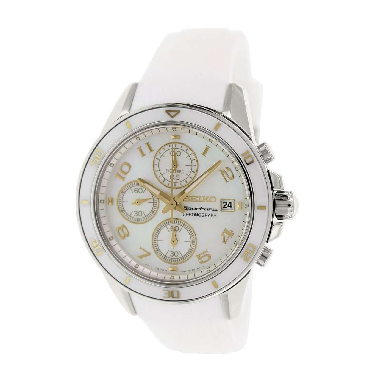 Seiko SNDX53 Sportura Women's Chronograph Watch with white silicone strap and white dial featuring gold accents.