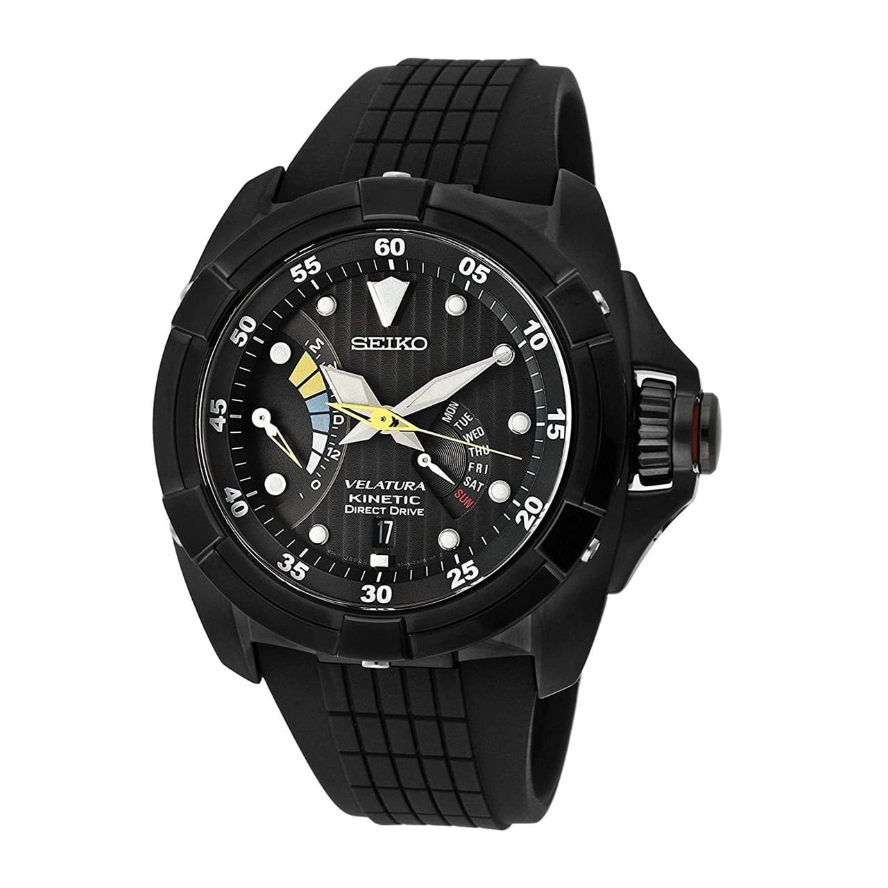 Seiko SRH013 Velatura Kinetic Direct Drive watch featuring a black dial, rubber band, and stainless steel case.