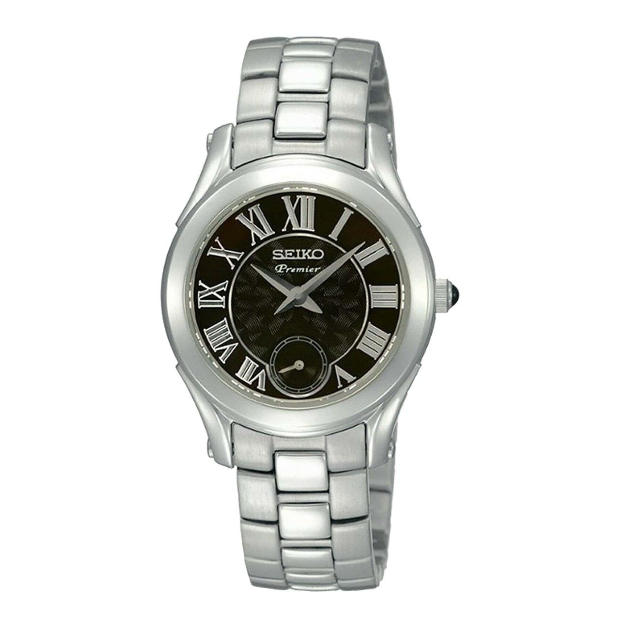 Seiko SRKZ71 Premier Women's Watch with silver stainless steel case and black dial, featuring Roman numeral markers and luminous hands.